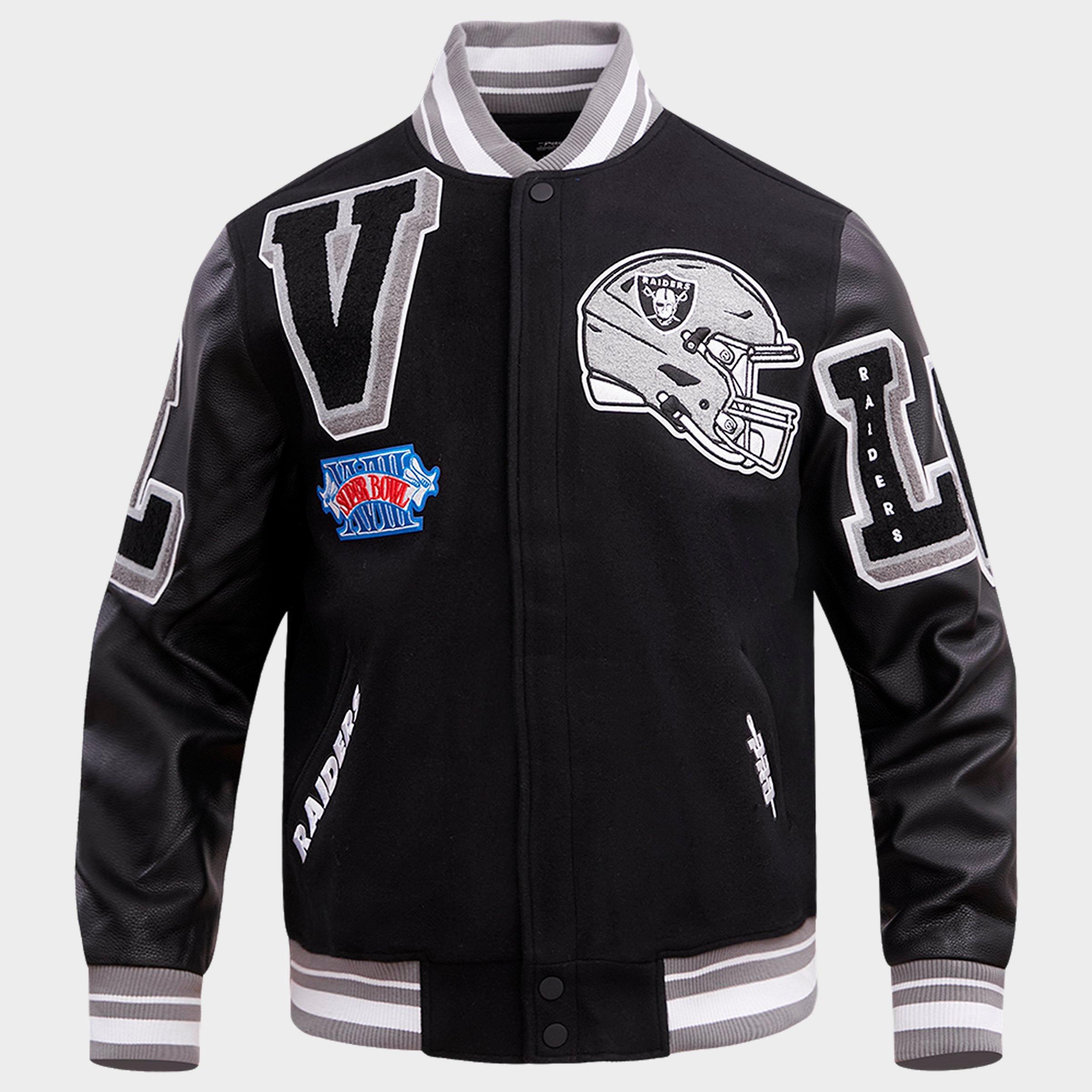 Pro Standard Men's Las Vegas Raiders NFL Mashup Rib Wool Varsity Jacket in Black/Grey Size: Small