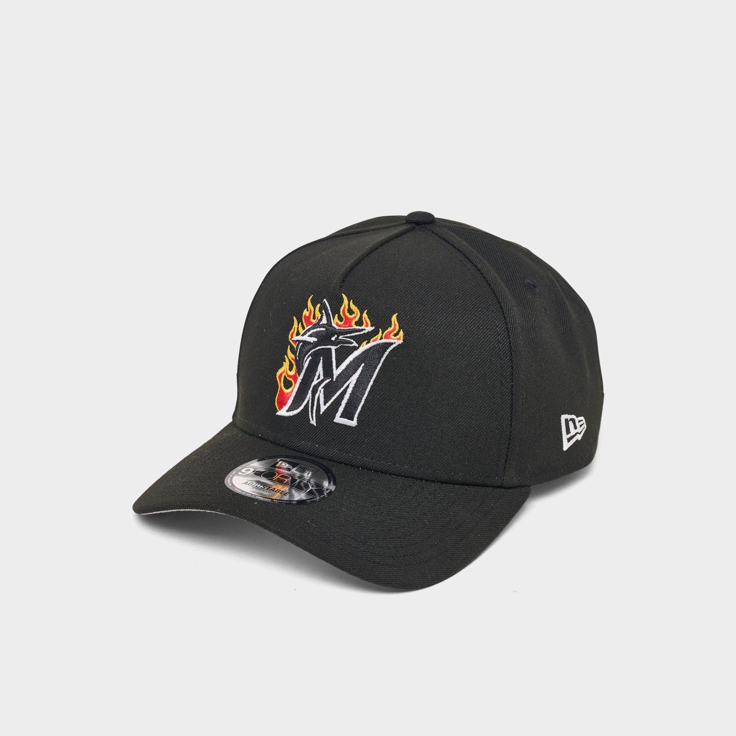 New Era Miami Marlins MLB 9FORTY Flames A-Frame Adjustable Snapback Hat in Black/White