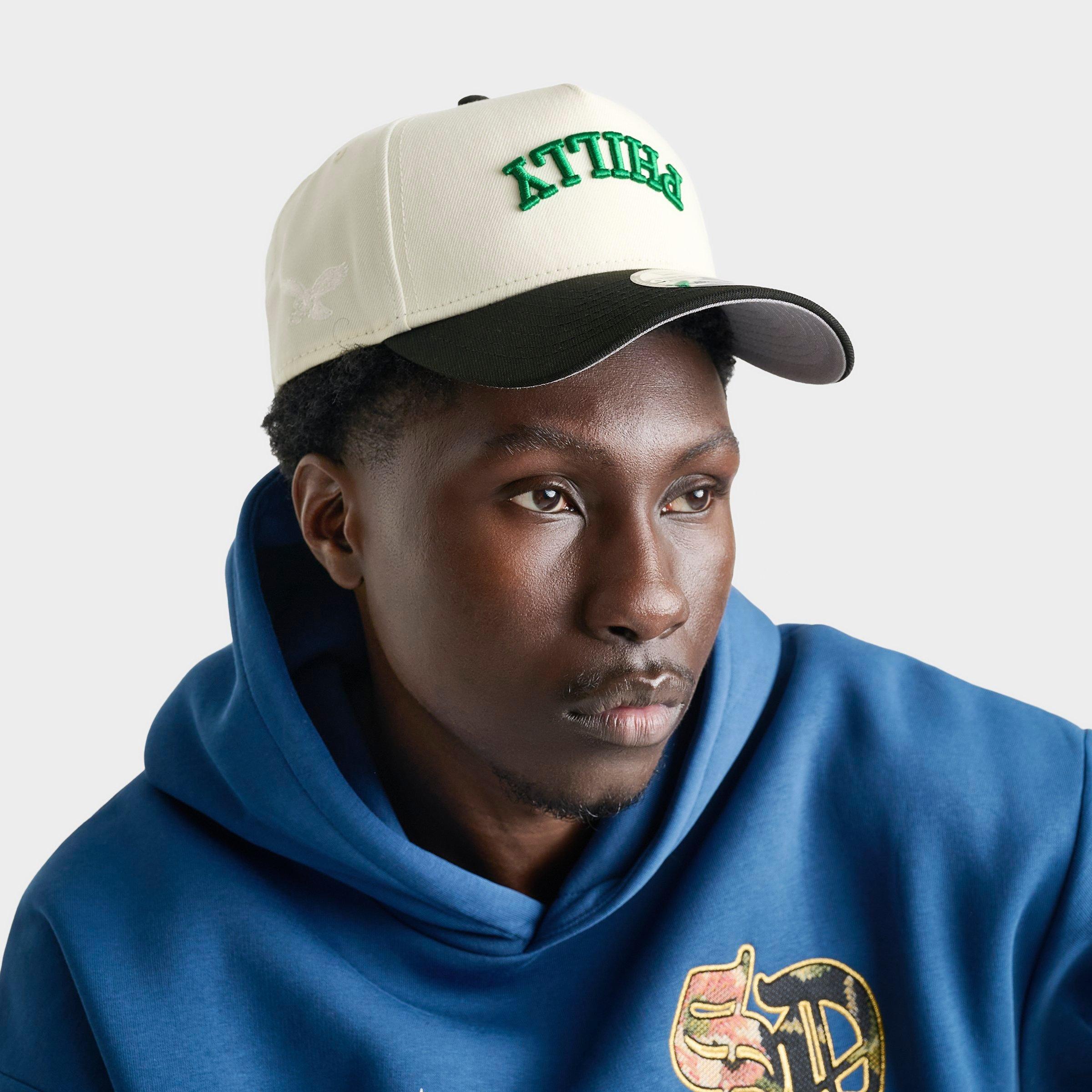 New Era Philadelphia Eagles NFL 9FORTY A-Frame Upside Down Wordmark Snapback Hat in Chrome/Black/Green