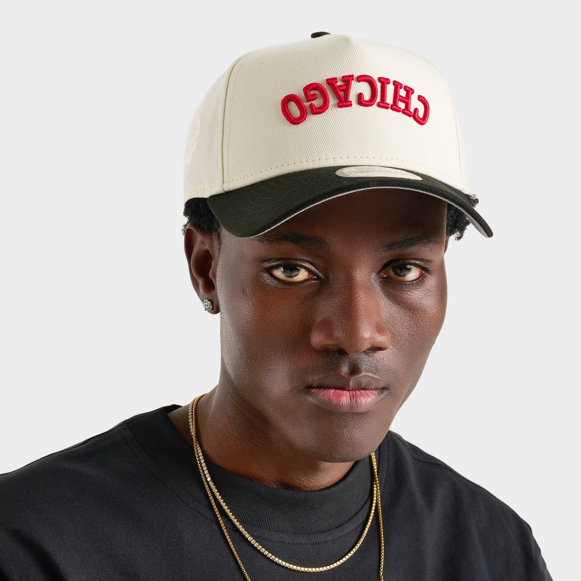 New Era Chicago Bulls NBA 9FORTY A-Frame Upside Down Wordmark Snapback Hat in Chrome/Black/Red