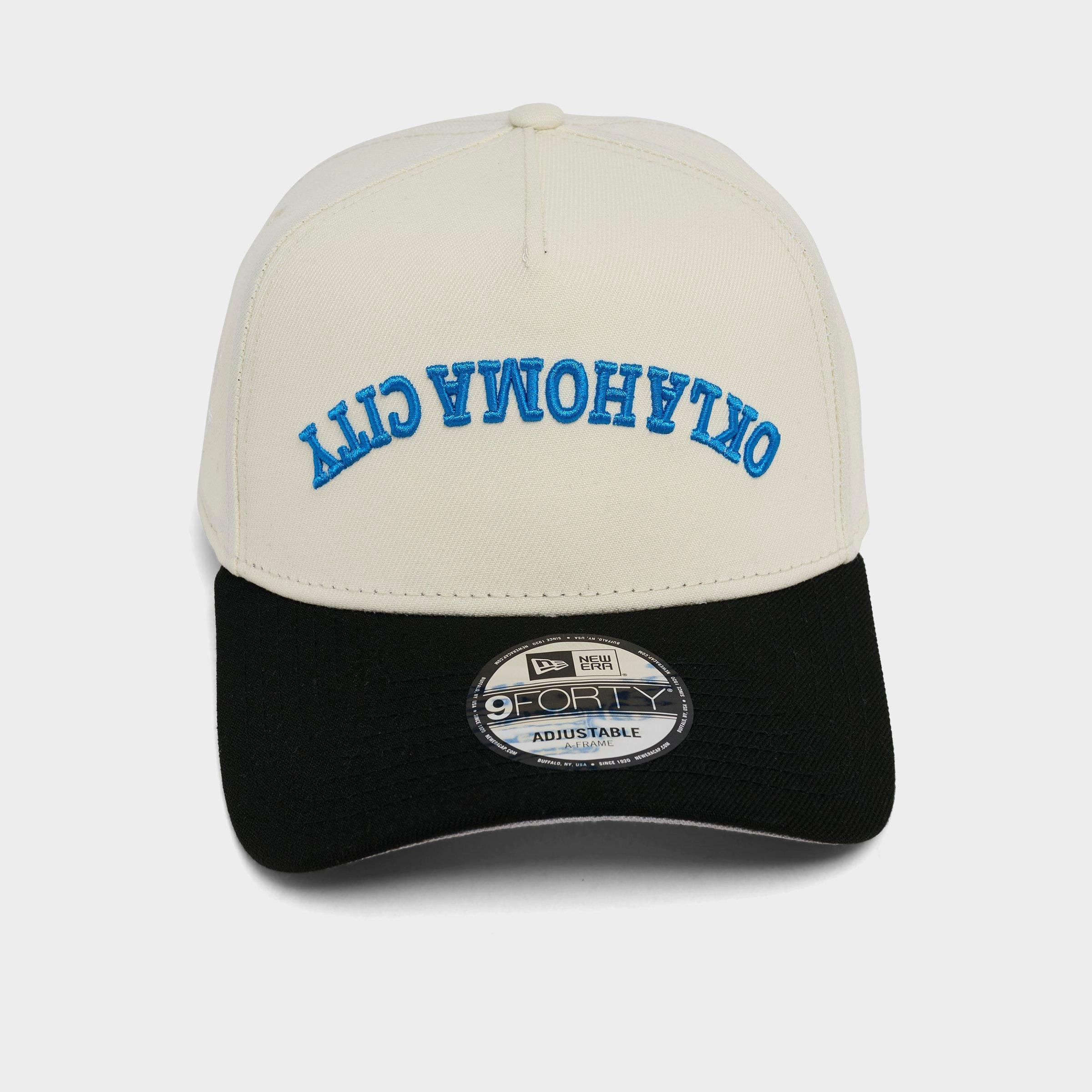 New Era Oklahoma City Thunder NBA 9FORTY A-Frame Upside Down Wordmark Snapback Hat in Chrome/Black/Blue