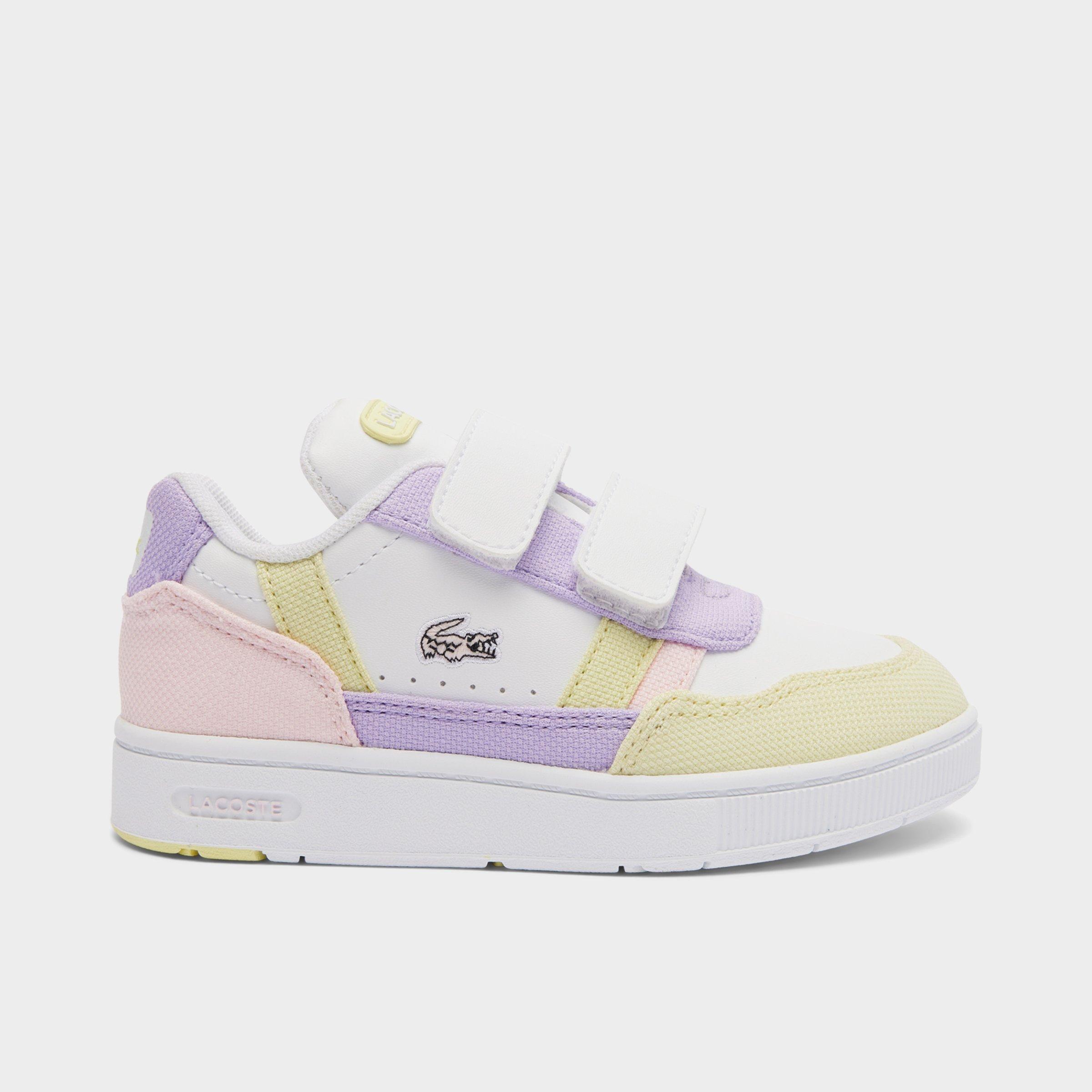 Lacoste Kids Toddler T-Clip Hook-And-Loop Casual Shoes in Open White/Purple/Yellow Size: 4.0