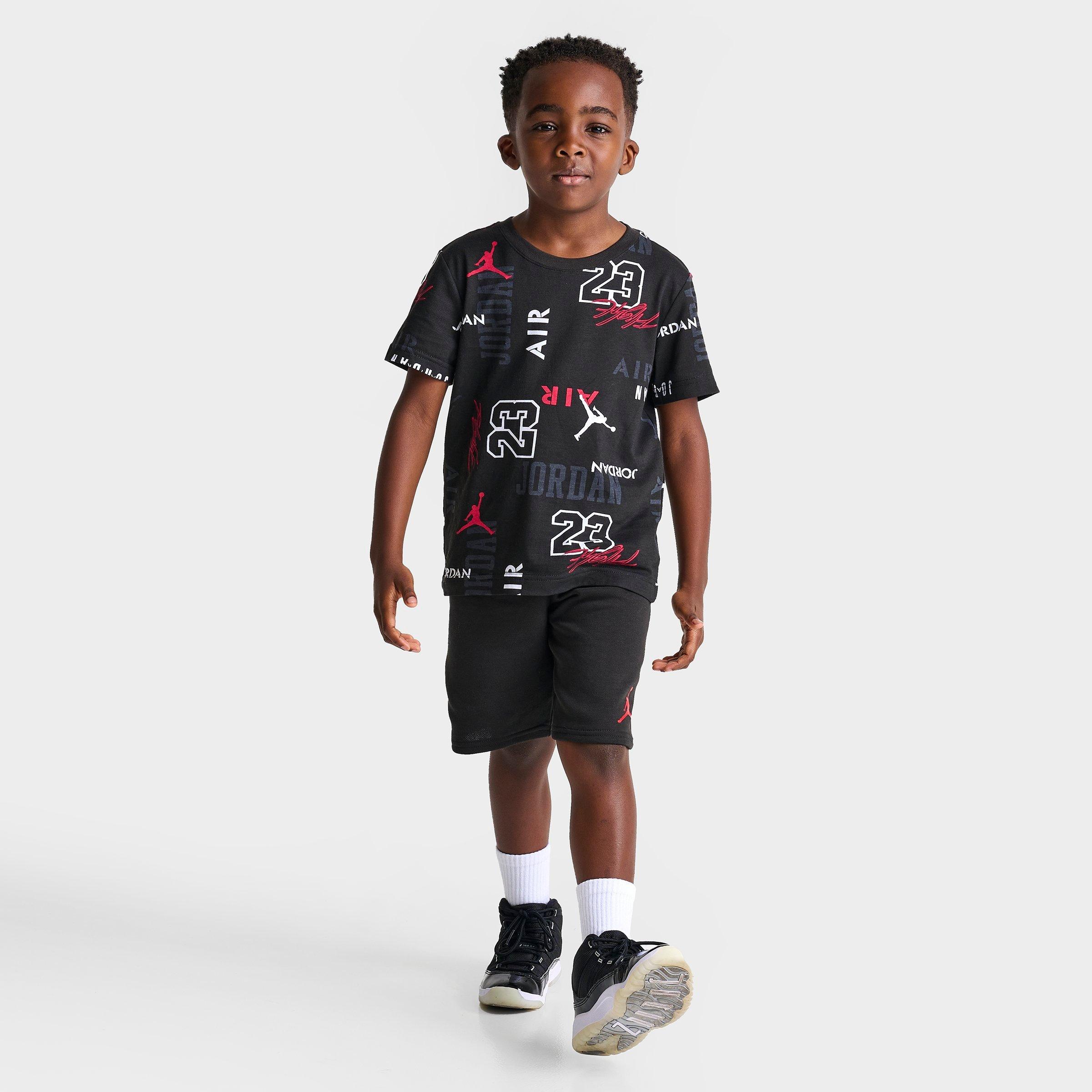 Jordan Little Kids Allover Print T-Shirt And Shorts Set in Black Size: 4.0