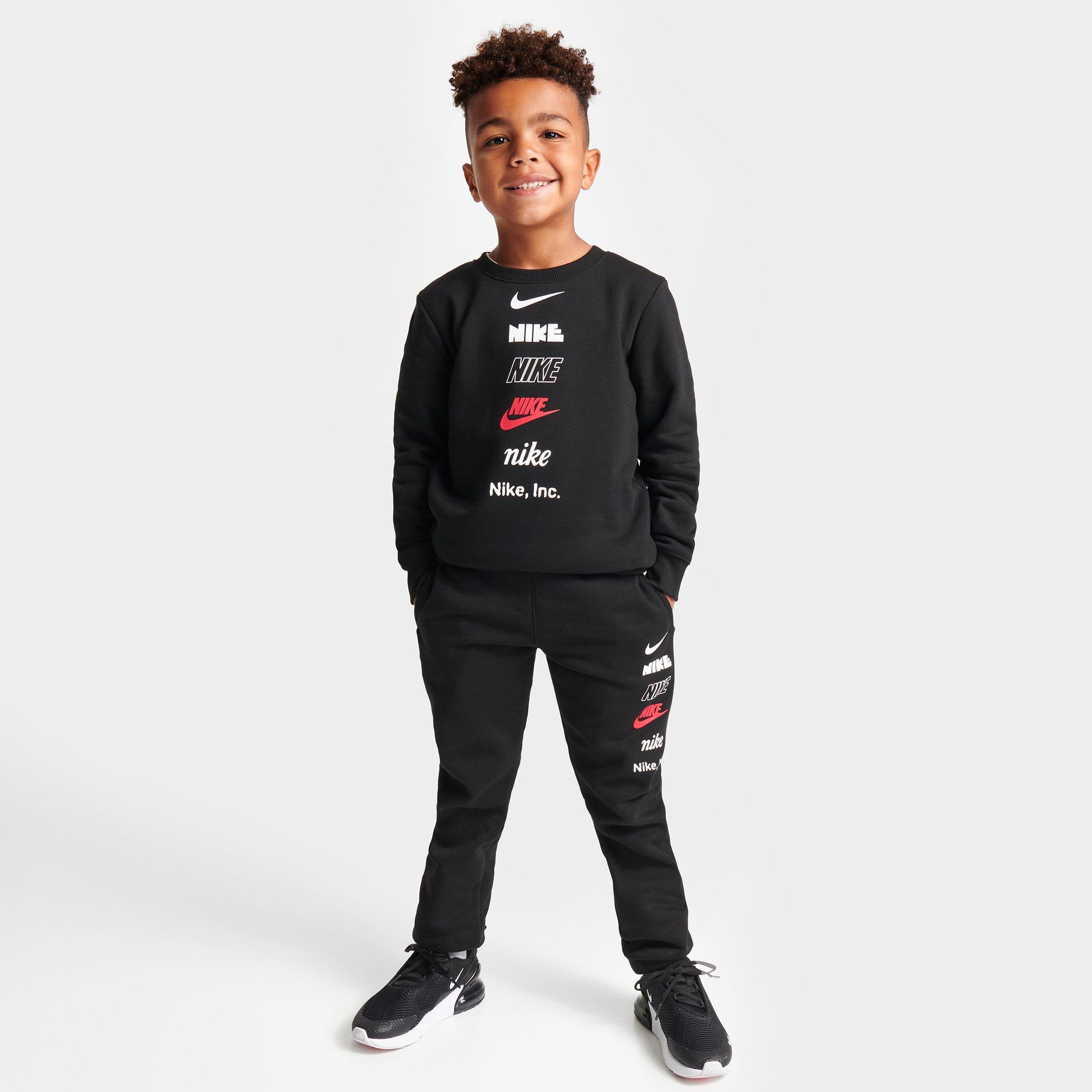 Nike Little Kids' Multi Logo Crewneck Sweatshirt And Jogger Pants Set In Black/white/university Red