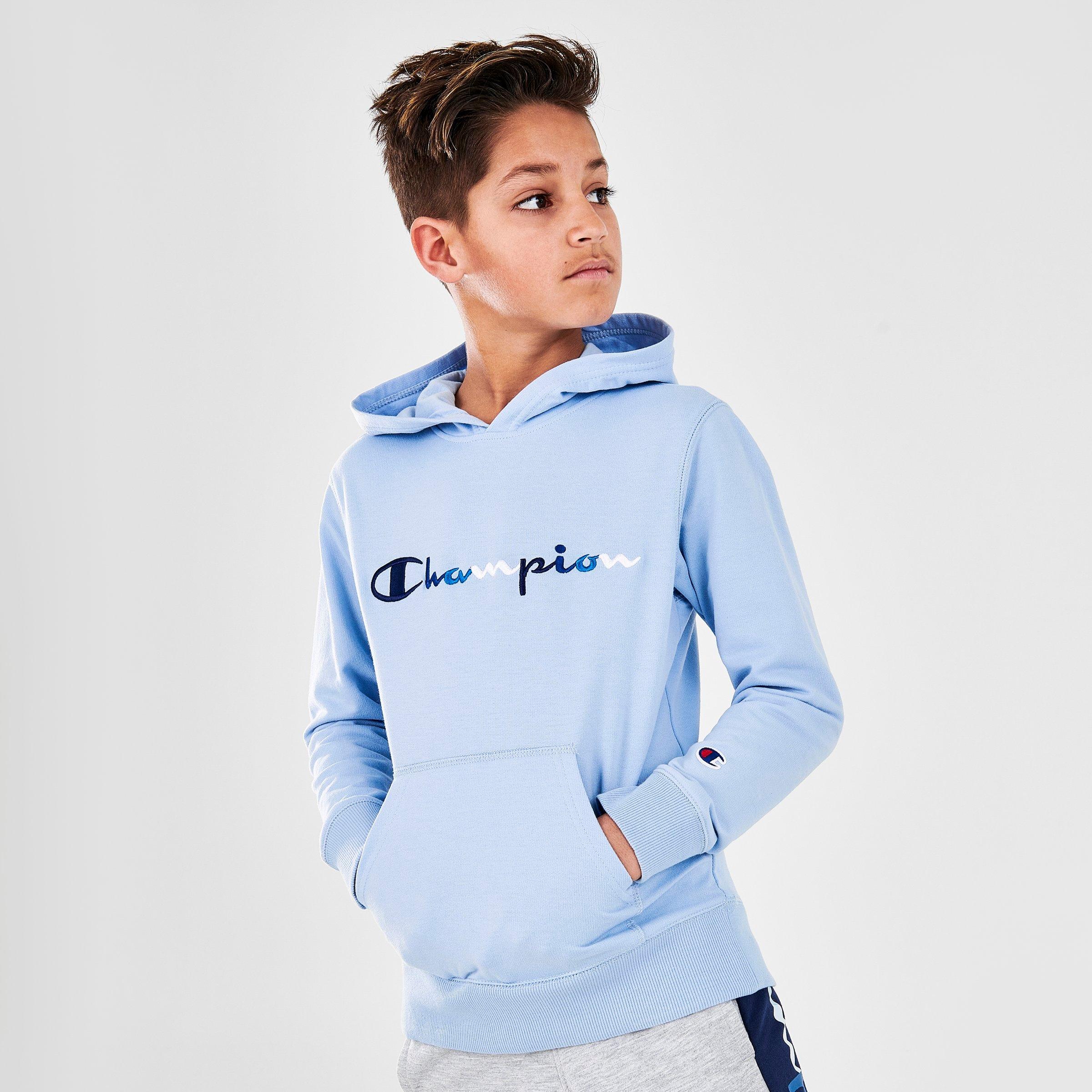 Champion Kids Tricolor Script Logo Pullover Hoodie in Mache Blue Size: Small