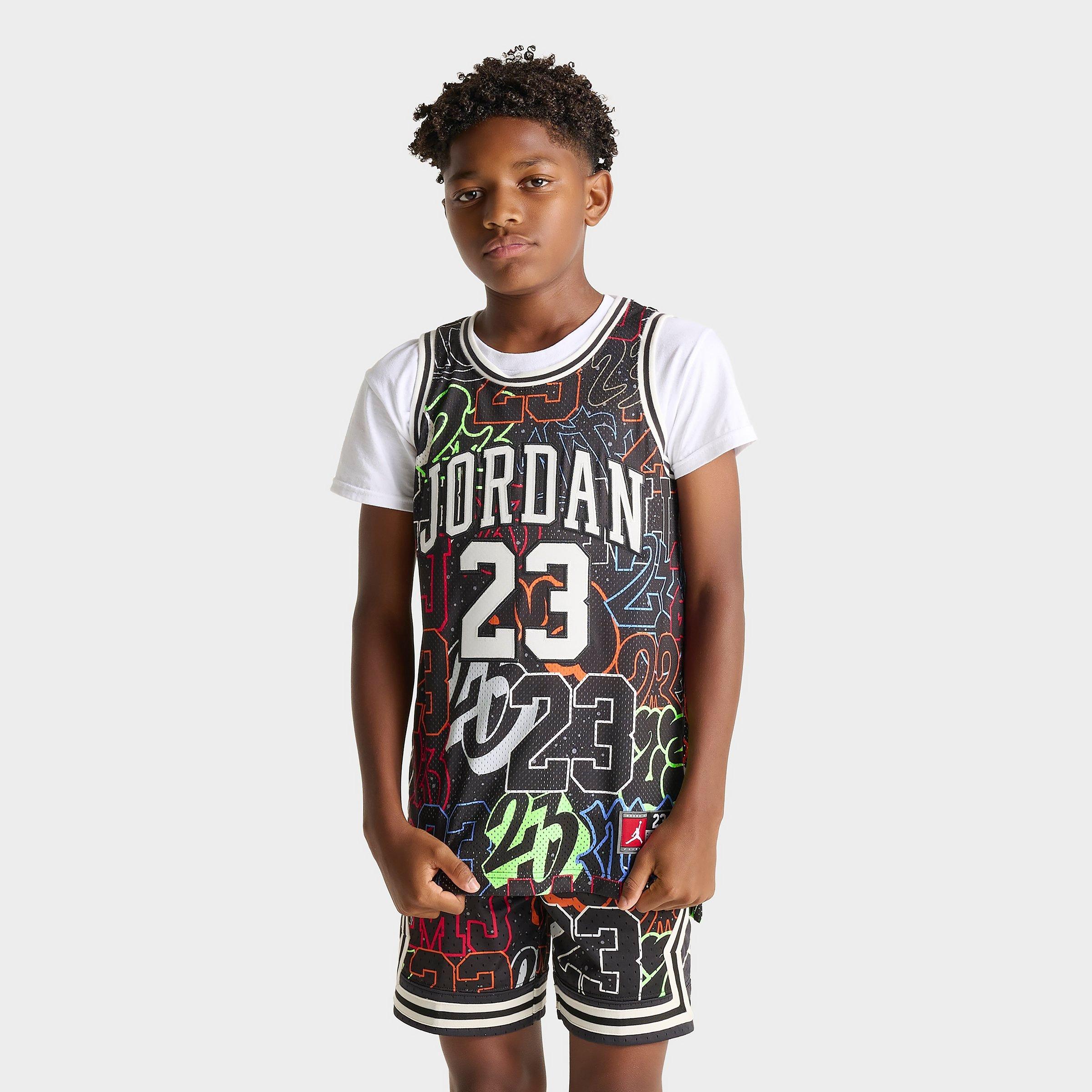 Jordan Big Kids 23 Multi Print Jersey in Black/Sail Size: Small