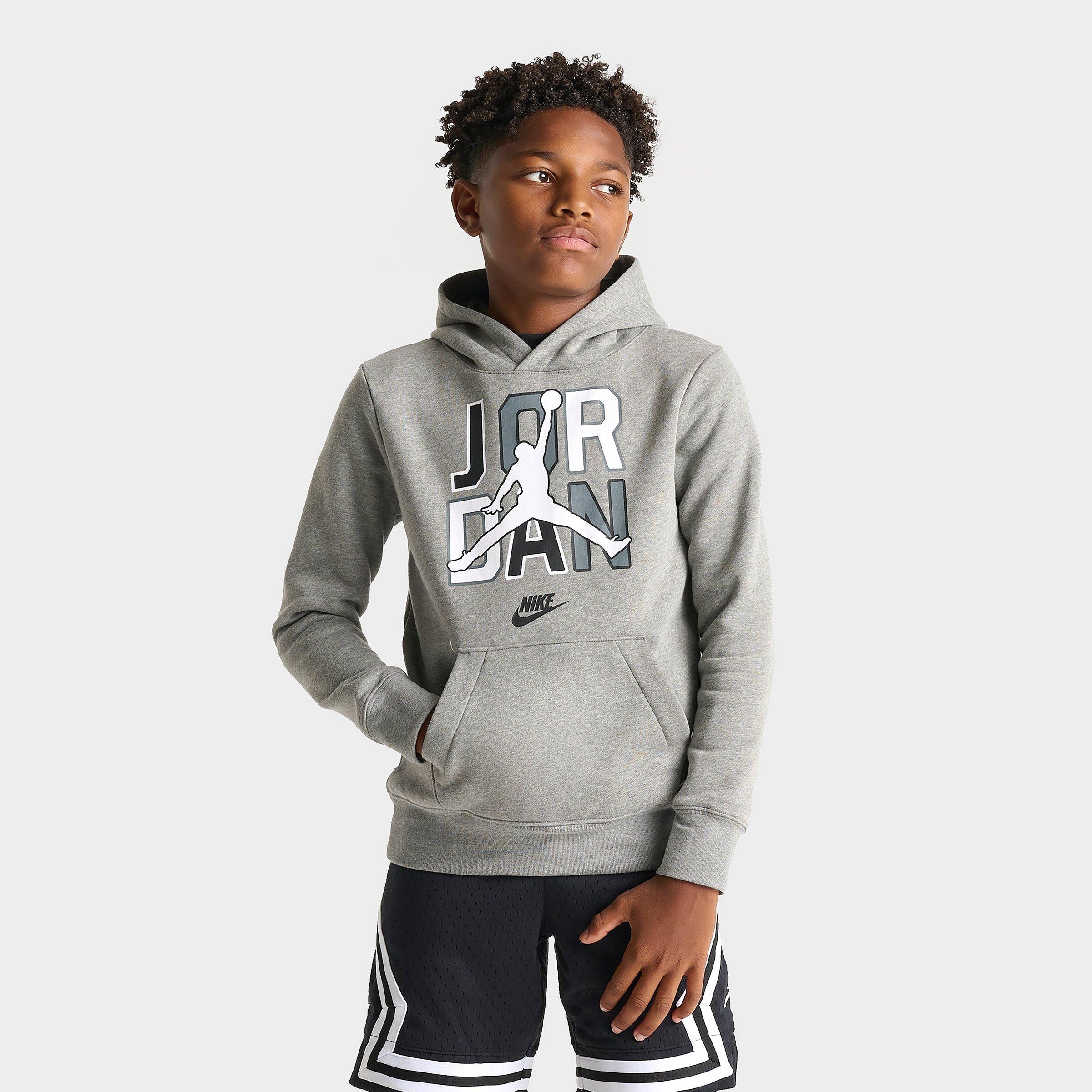 Jordan Big Kids Nike Jumpman Pullover Hoodie in Carbon Heather Size: Small