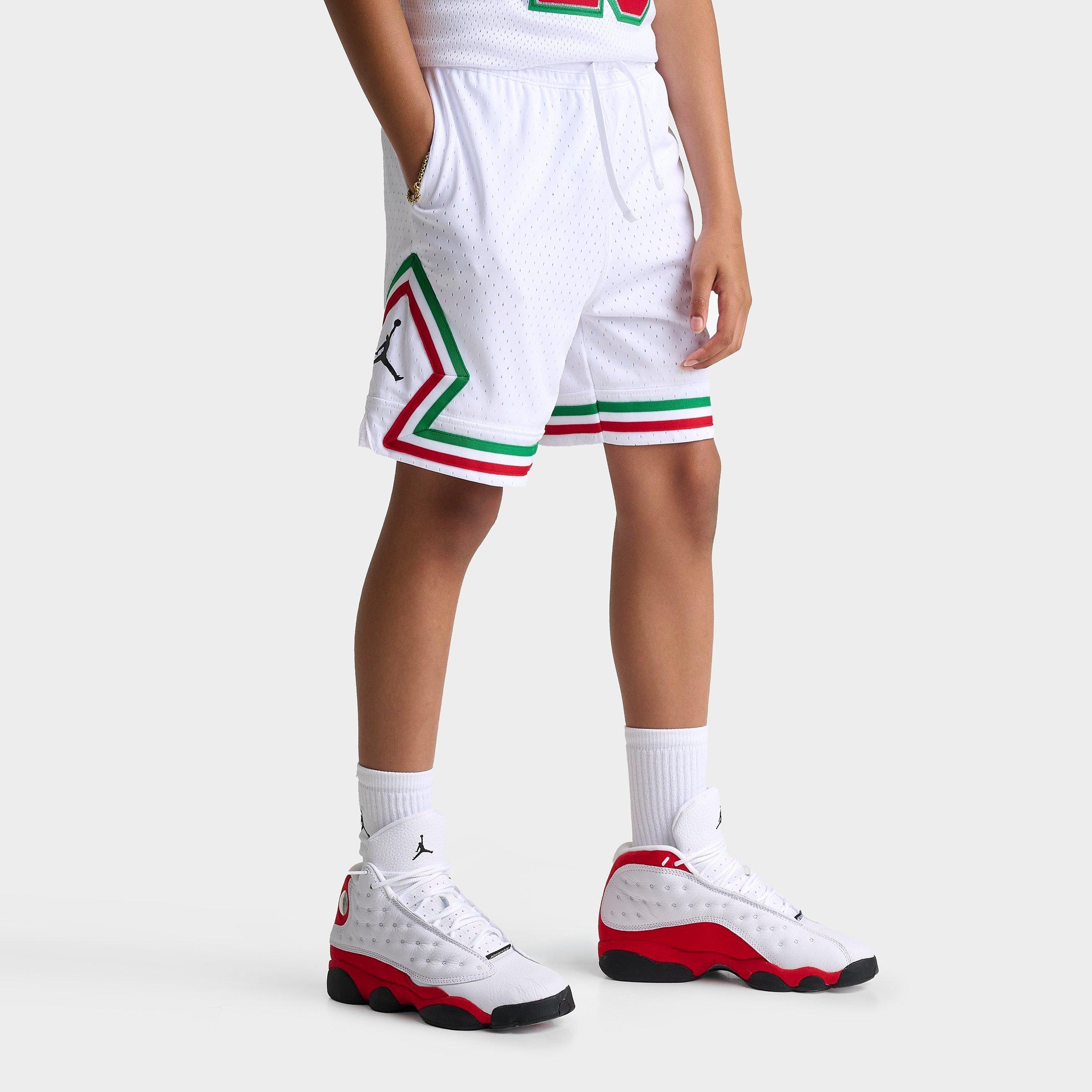 Jordan Big Kids Dri-FIT Diamond Mesh Basketball Shorts in White/Red/Green Size: Small