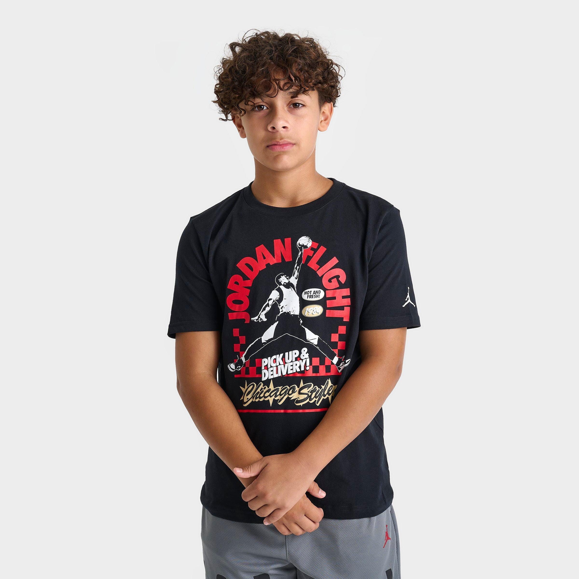 Jordan Big Kids Flight Pizza Shop T-Shirt in Black/Gym Red/White Size: Small