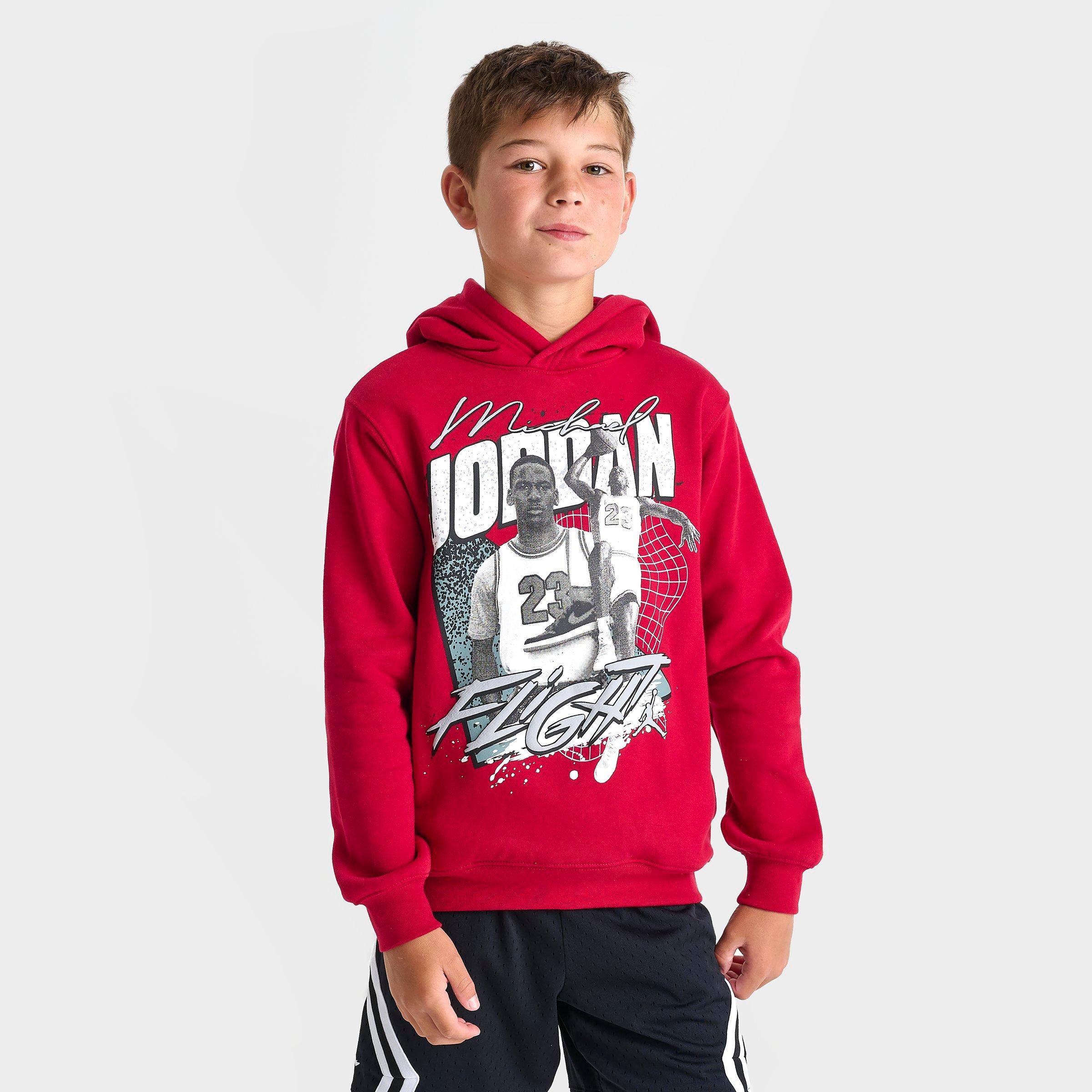 Jordan Big Kids Flight Double Pullover Hoodie in Gym Red/Black/White Size: Small