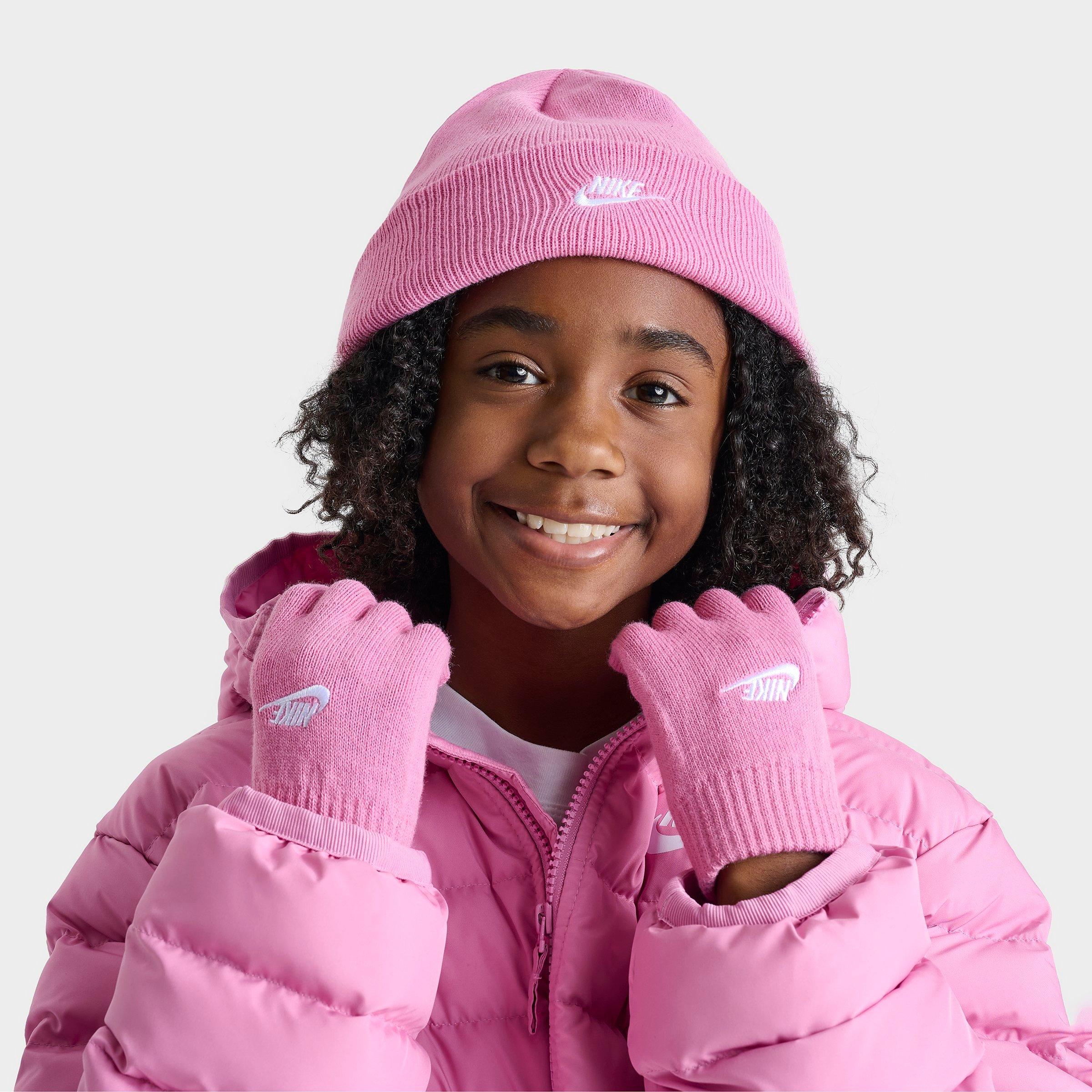 Nike Kids Futura Beanie Hat and Gloves Set in Magic Flamingo
