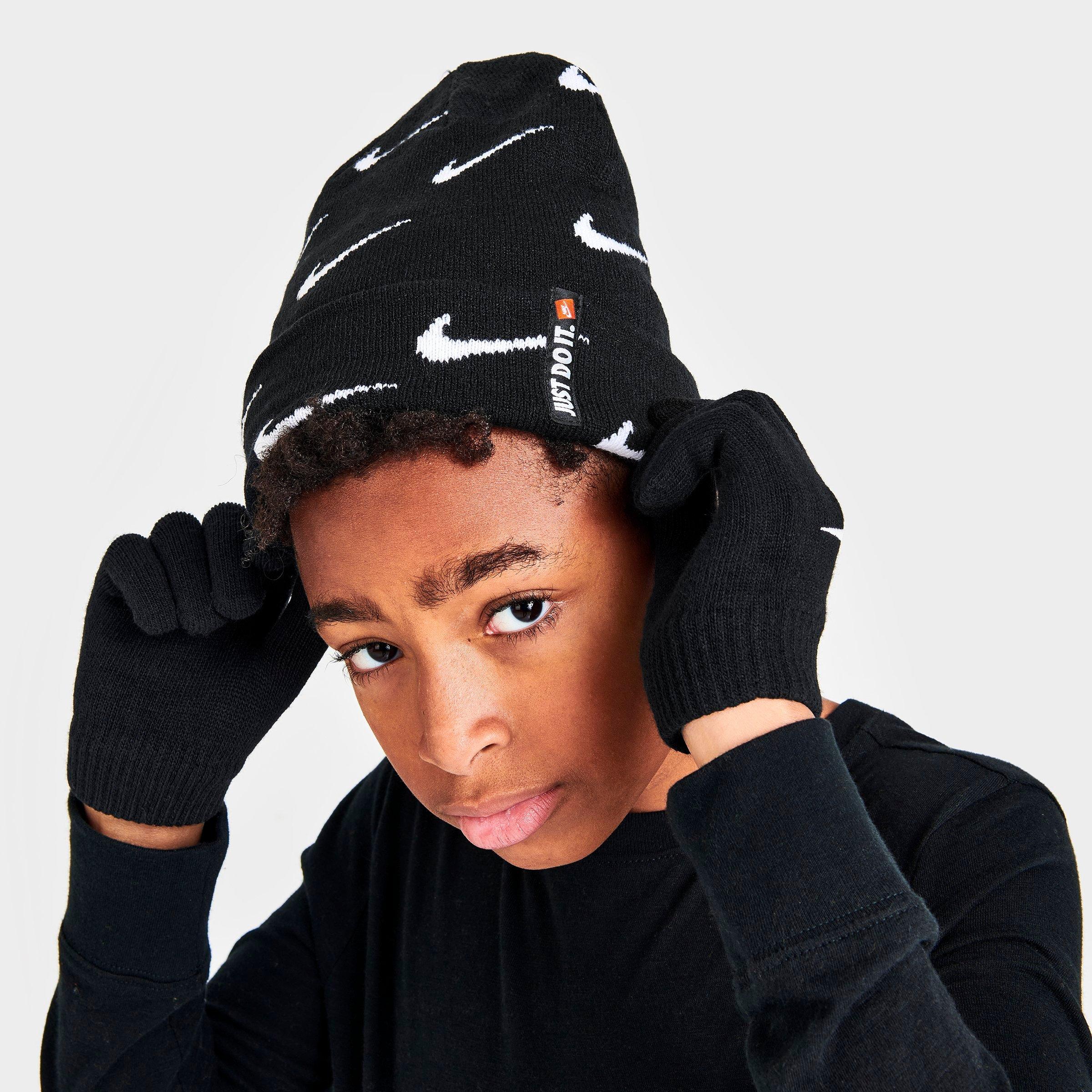 Nike Kids Swoosh Repeat Allover Print Beanie and Gloves Set in Black/White Size: 8-20M