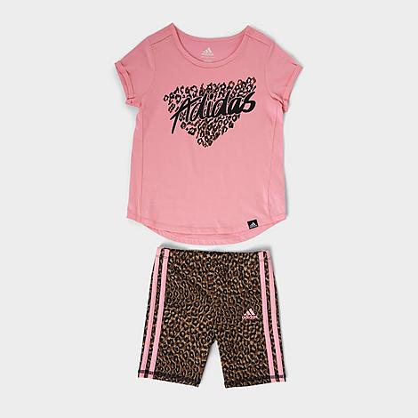 Adidas Originals Babies' Adidas Girls' Toddler And Little Kids' Leopard Print T-shirt And Bike Shorts Set In Pink/brown
