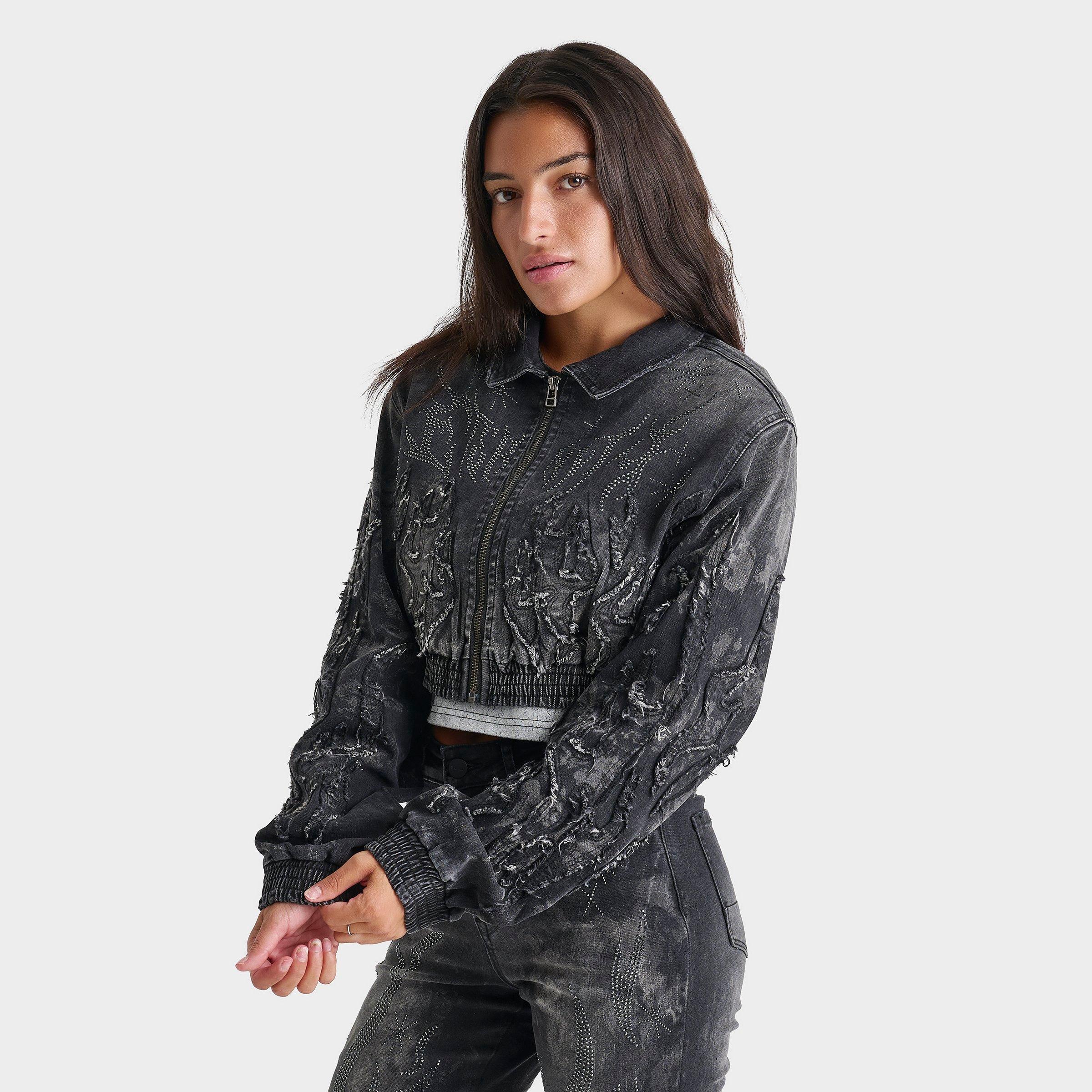 Smoke Rise Women's Christy Crop Denim Bomber Jacket in Derby Black Size: Small