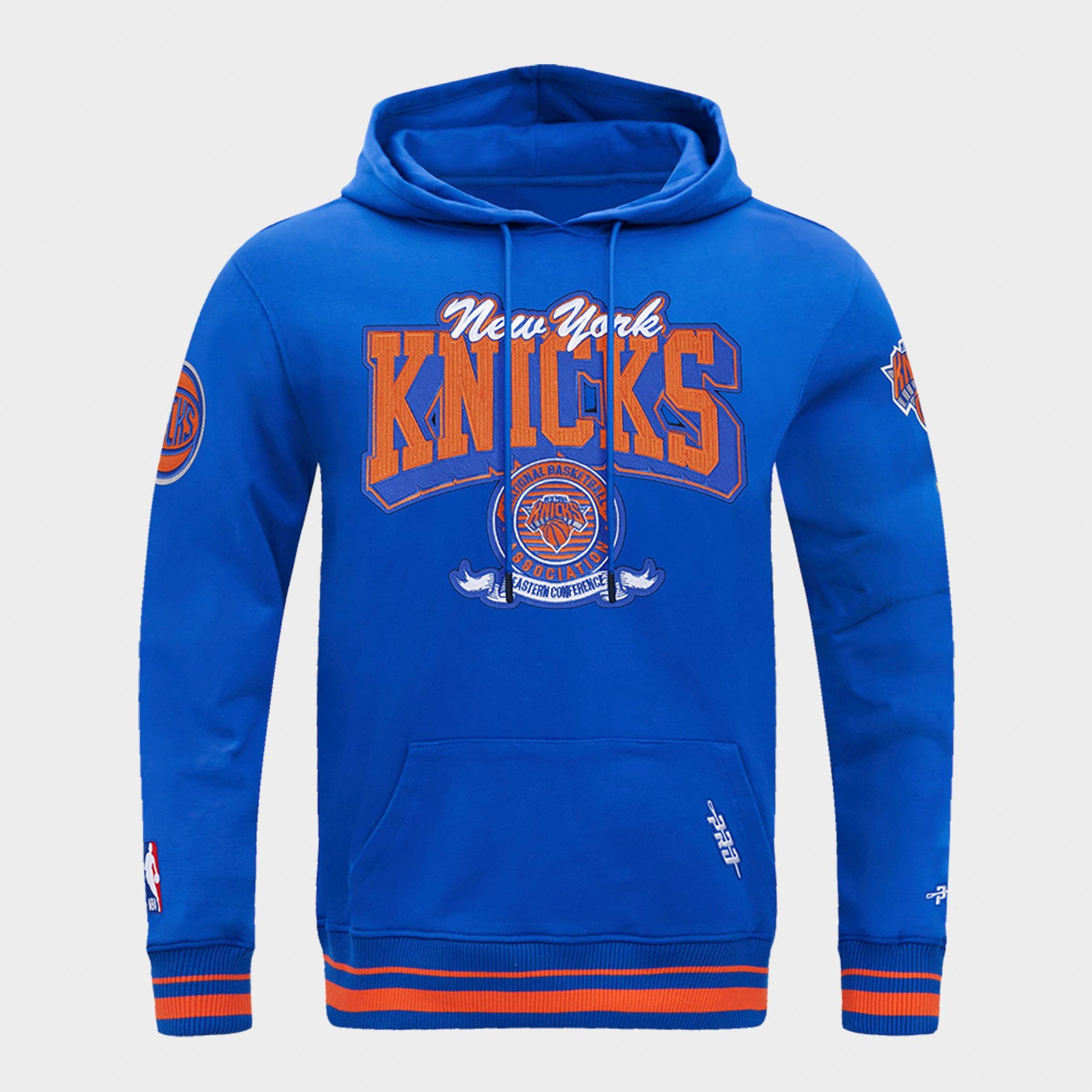 Pro Standard Men's New York Knicks NBA Badge Fleece Pullover Hoodie in Royal/Orange Size: Small