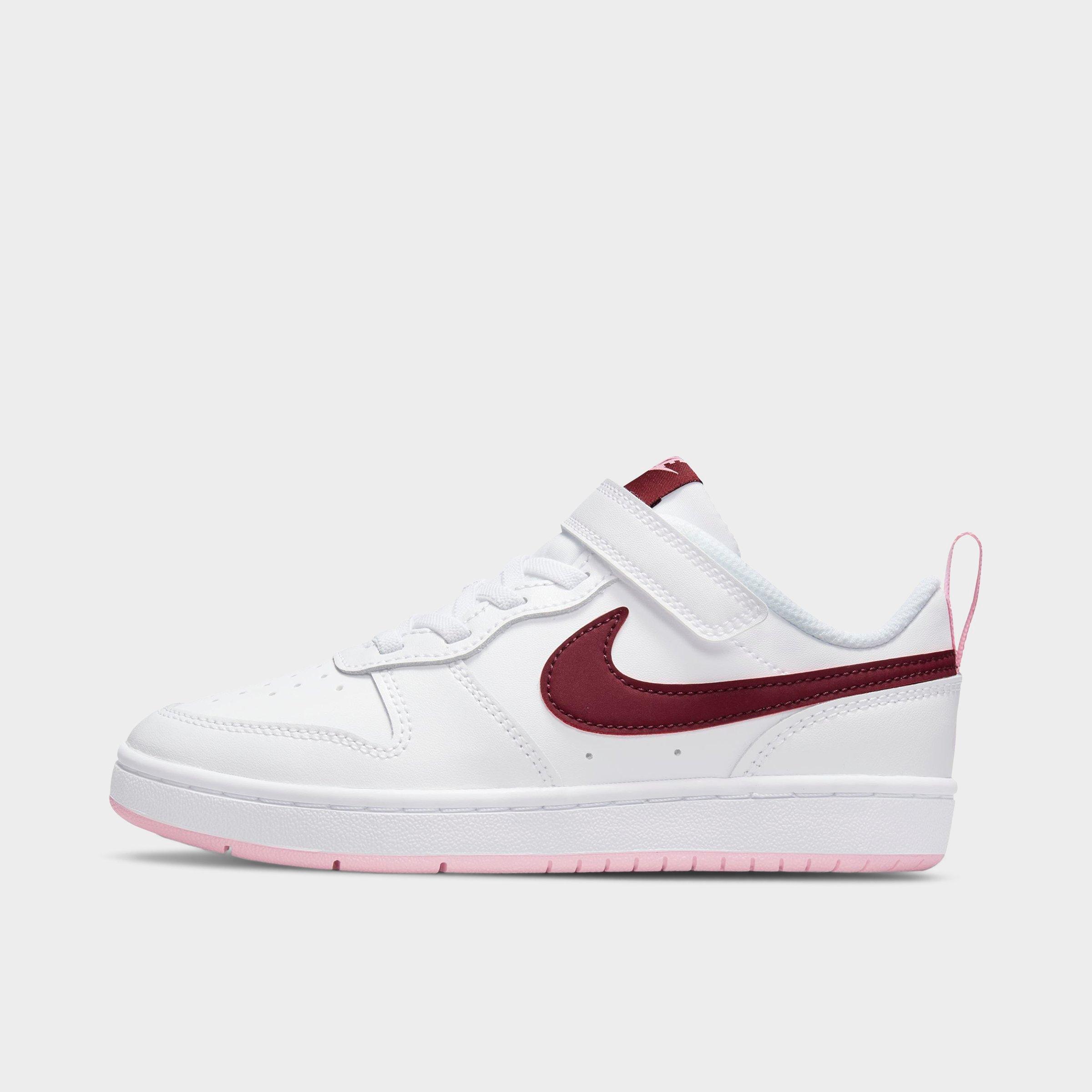 Nike Little Kids Court Borough Low 2 Hook-and-Loop Casual Shoes in White/Dark Beetroot Size: 13.5