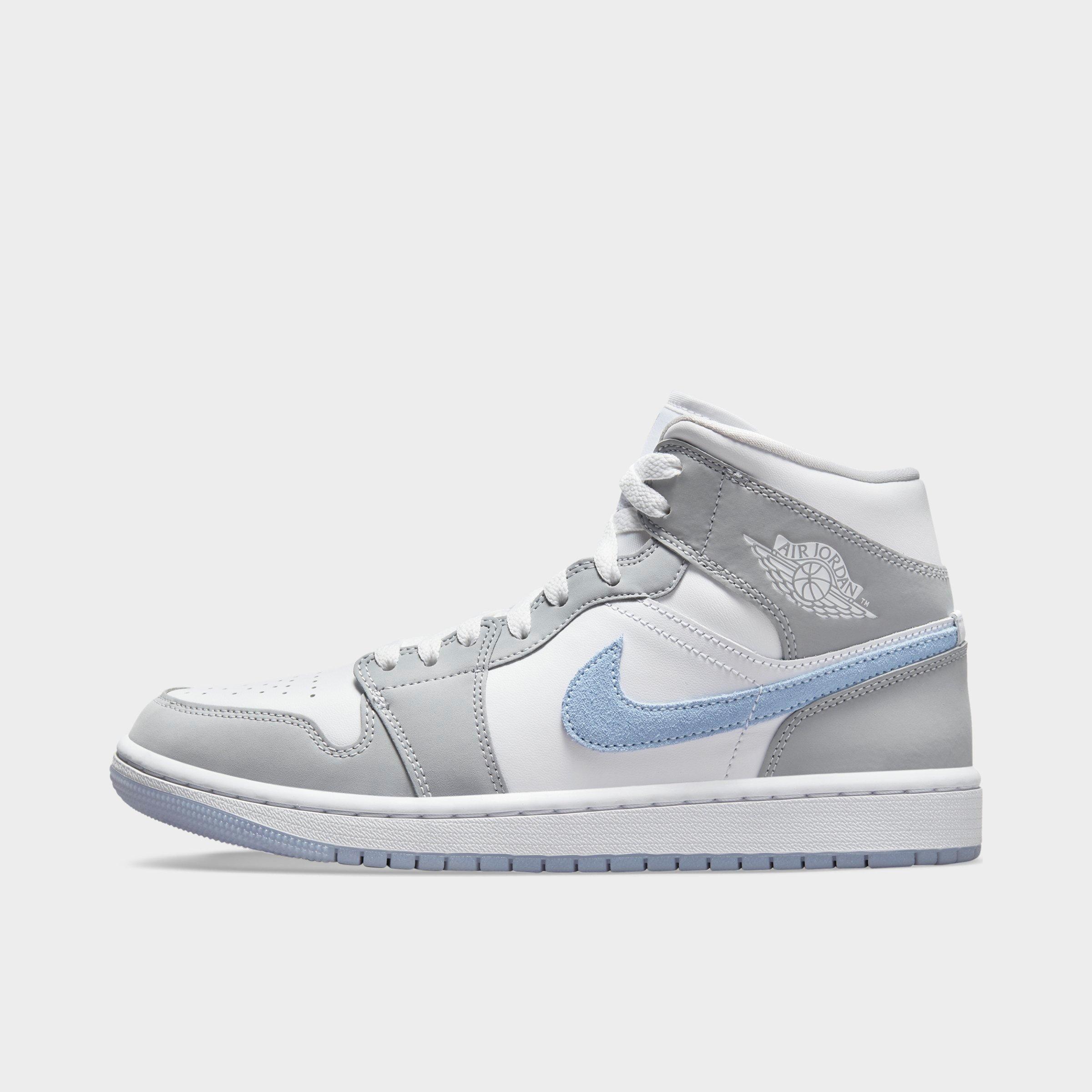 Jordan Women's Air Retro 1 Mid Casual Shoes in White/Aluminum/Wolf Grey Size: 7.5