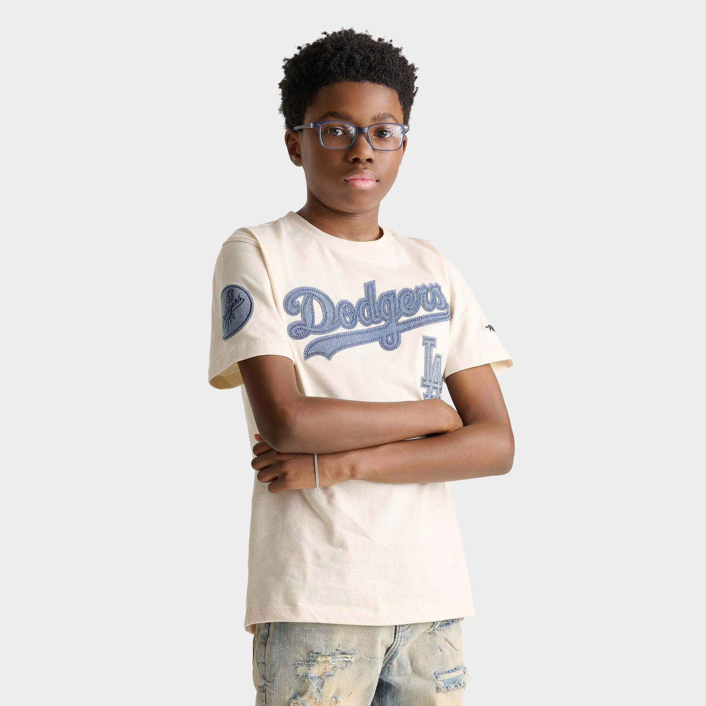 Pro Standard Big Kids Los Angeles Dodgers MLB Denim Embroidery T-Shirt in Off White/Denim Size: Small