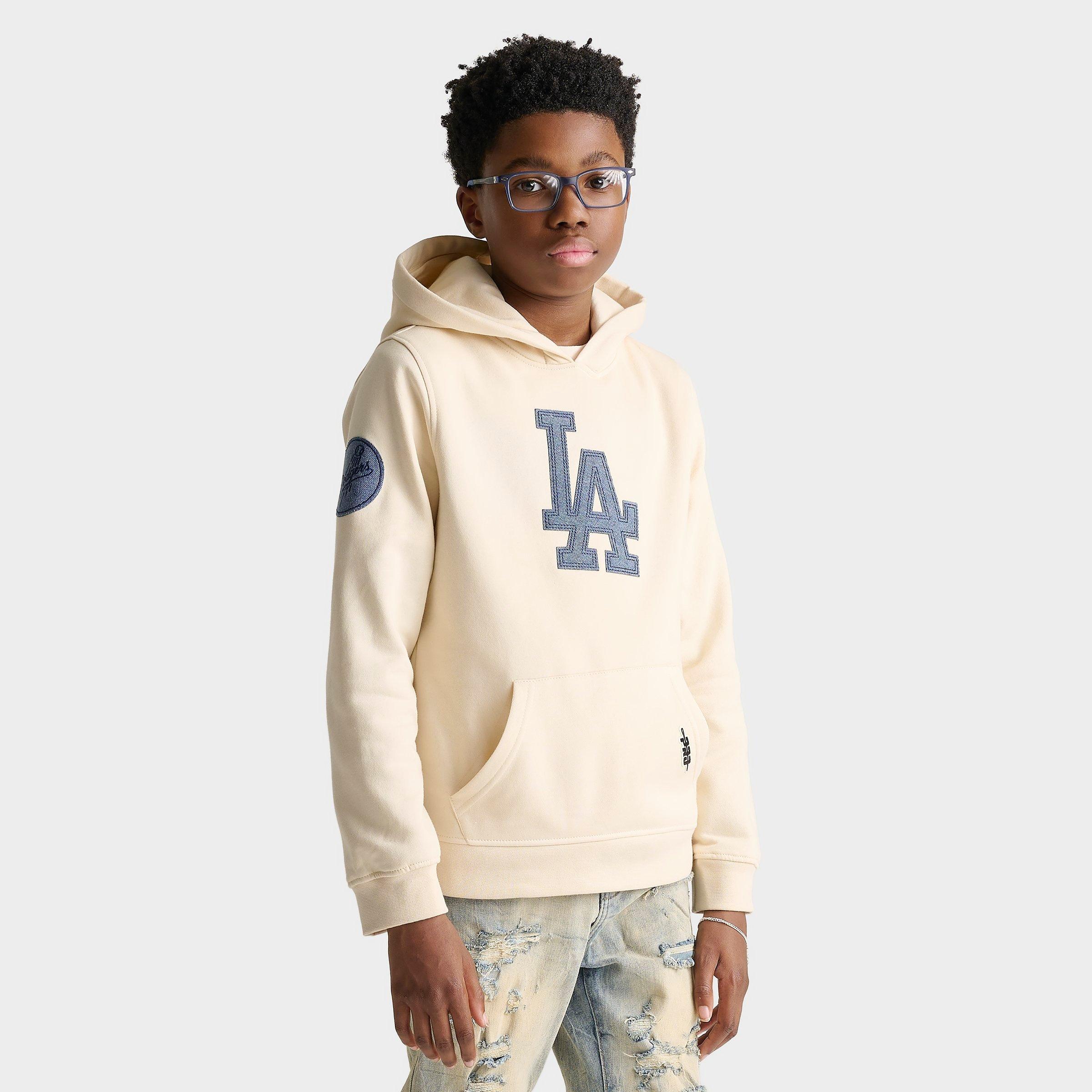 Pro Standard Big Kids Los Angeles Dodgers MLB Denim Embroidery Pullover Hoodie in Off White/Denim Size: Small