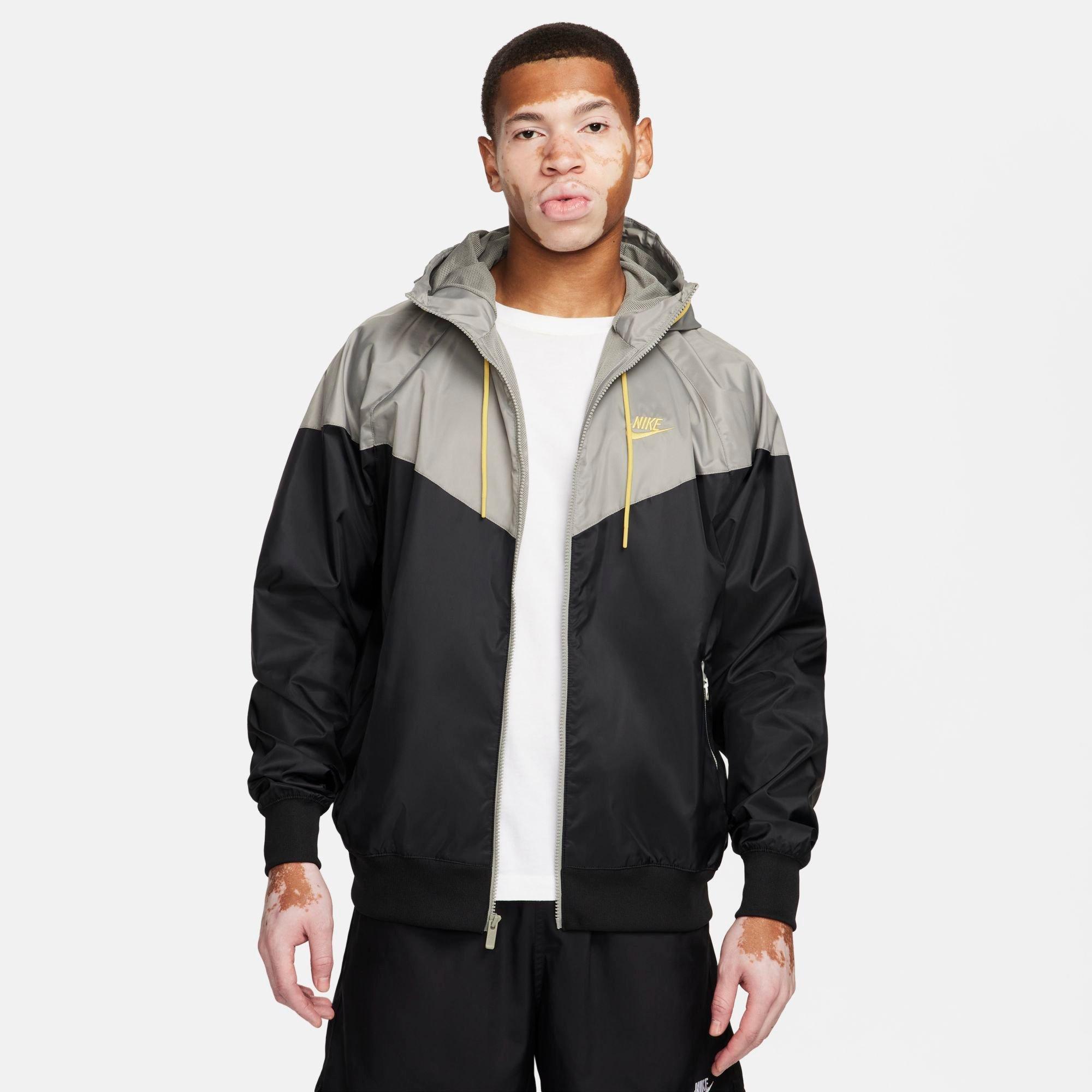 Shop Nike Men's Sportswear Windrunner Woven Hooded Jacket In Black/dark Stucco/saturn Gold