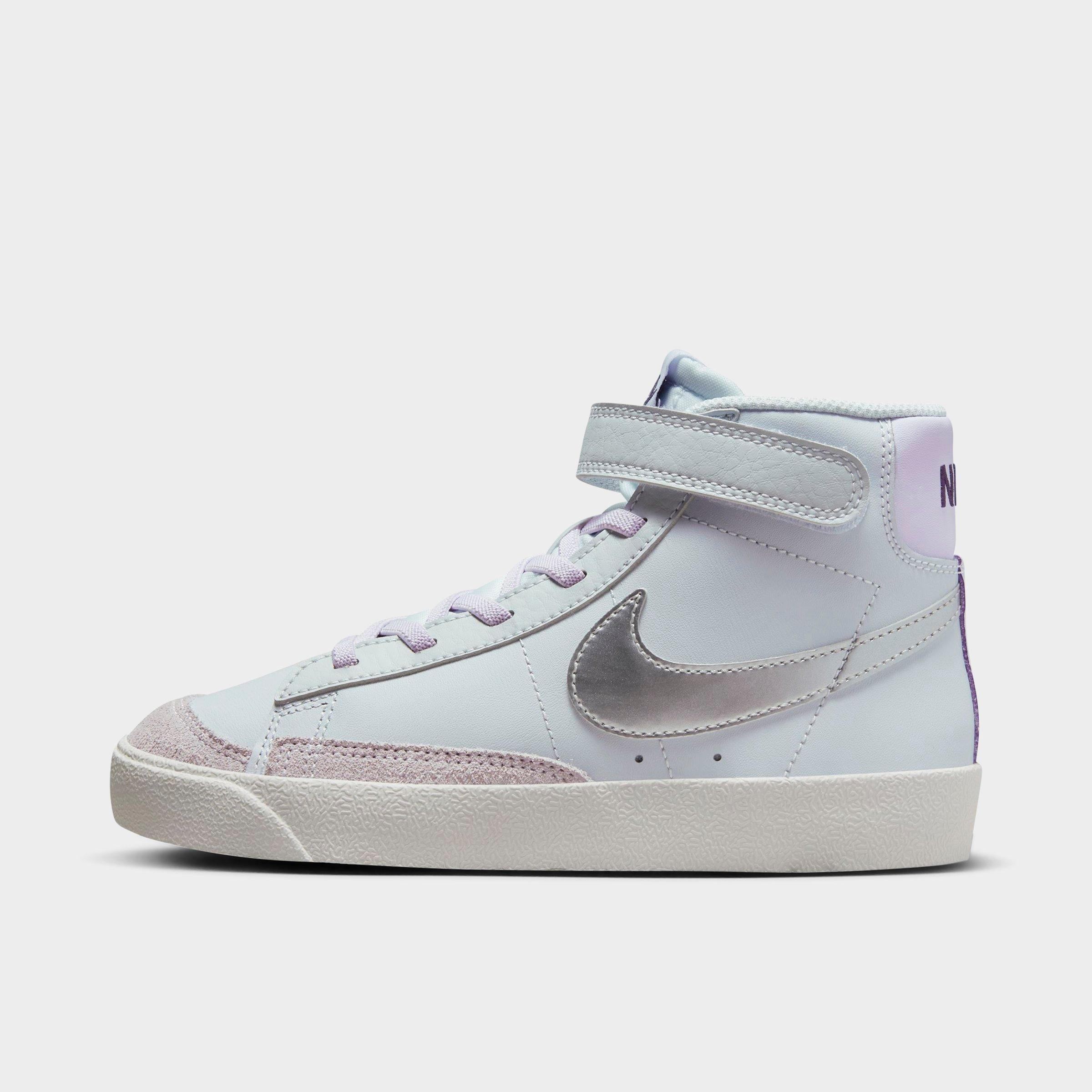 Nike Little Kids' Blazer Mid '77 Stretch Lace Casual Shoes In Pure Platinum/metallic Silver/barely Grape/thunder Blue