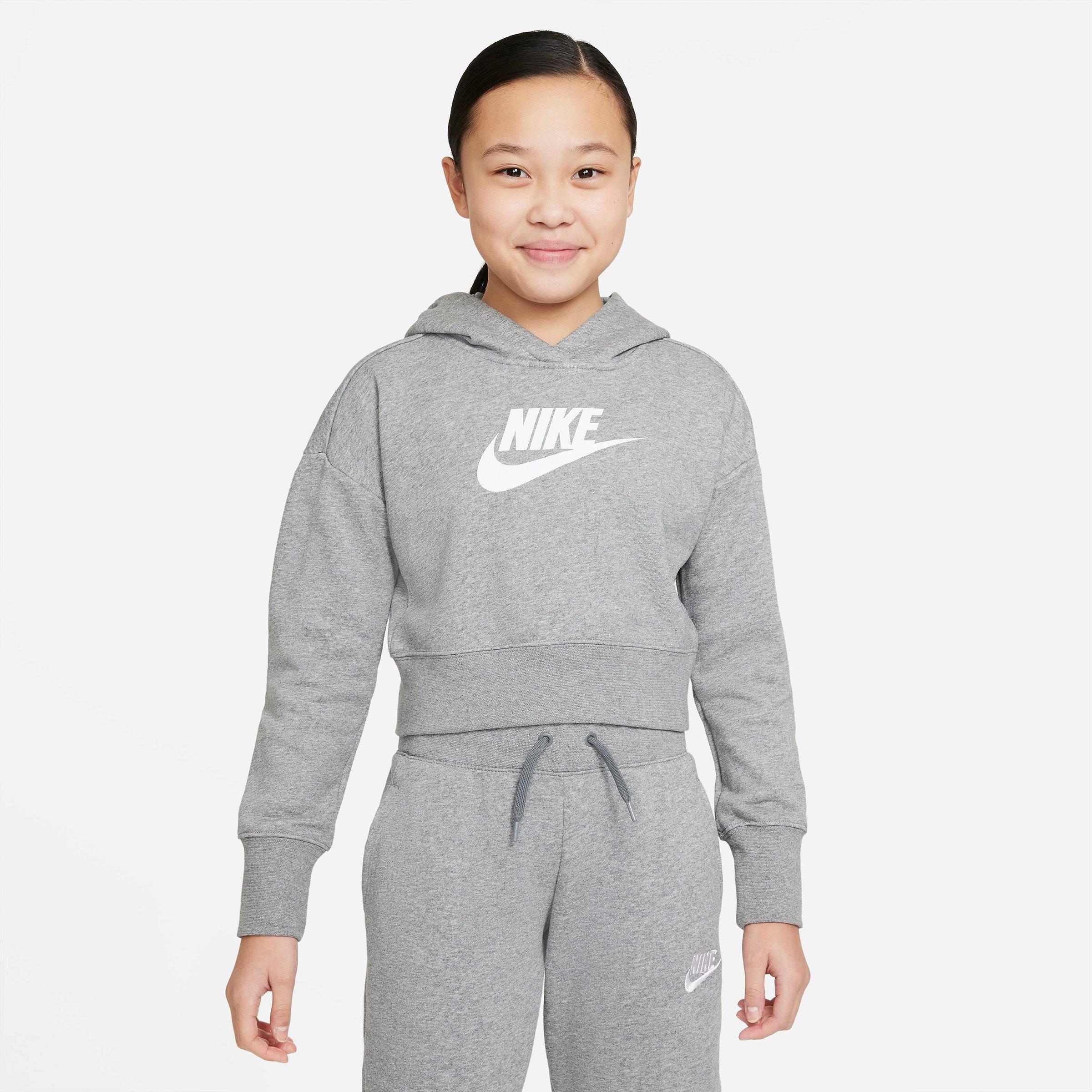 NIKE NIKE GIRLS' SPORTSWEAR CLUB FRENCH TERRY CROPPED PULLOVER HOODIE,5750580