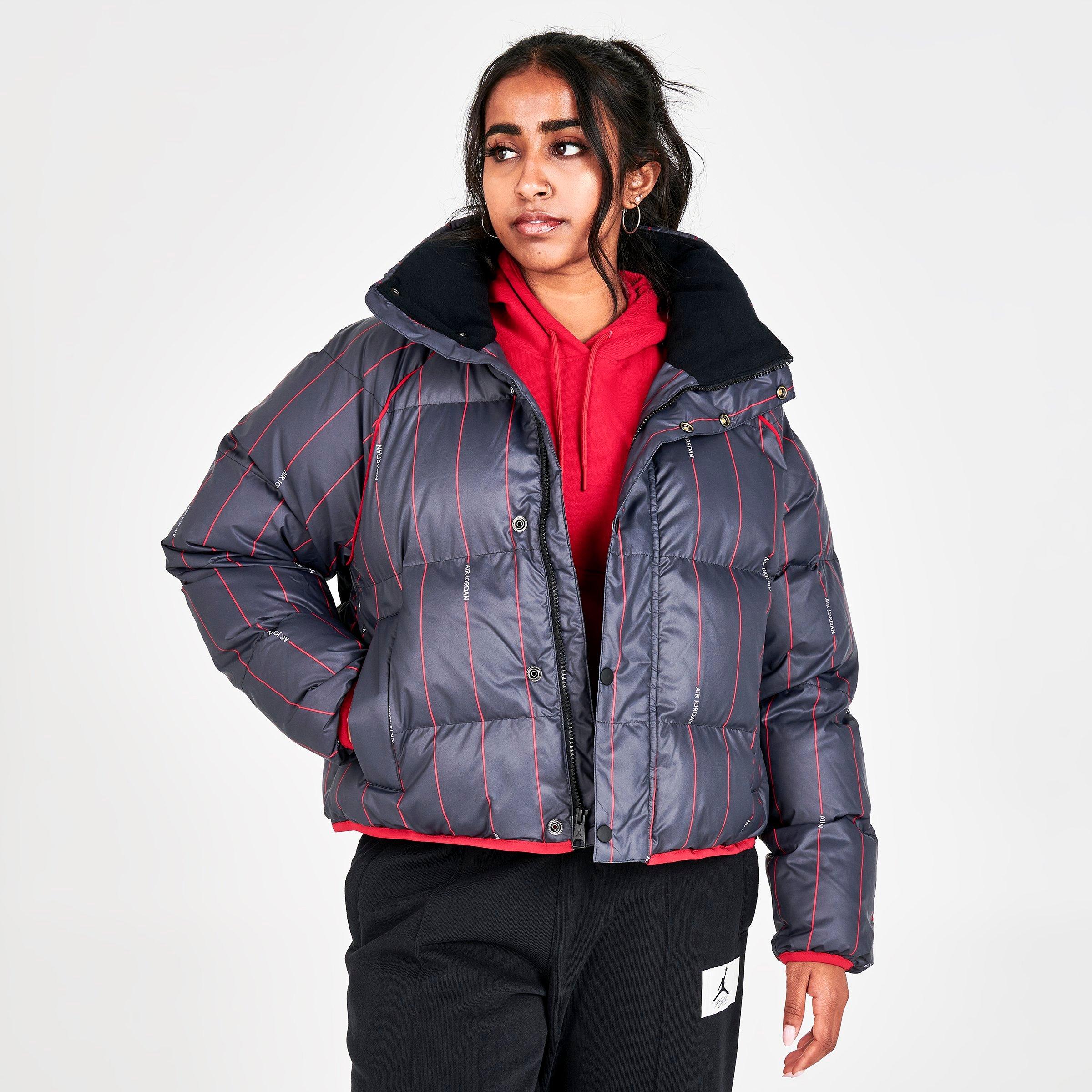 black puffer jacket with red inside