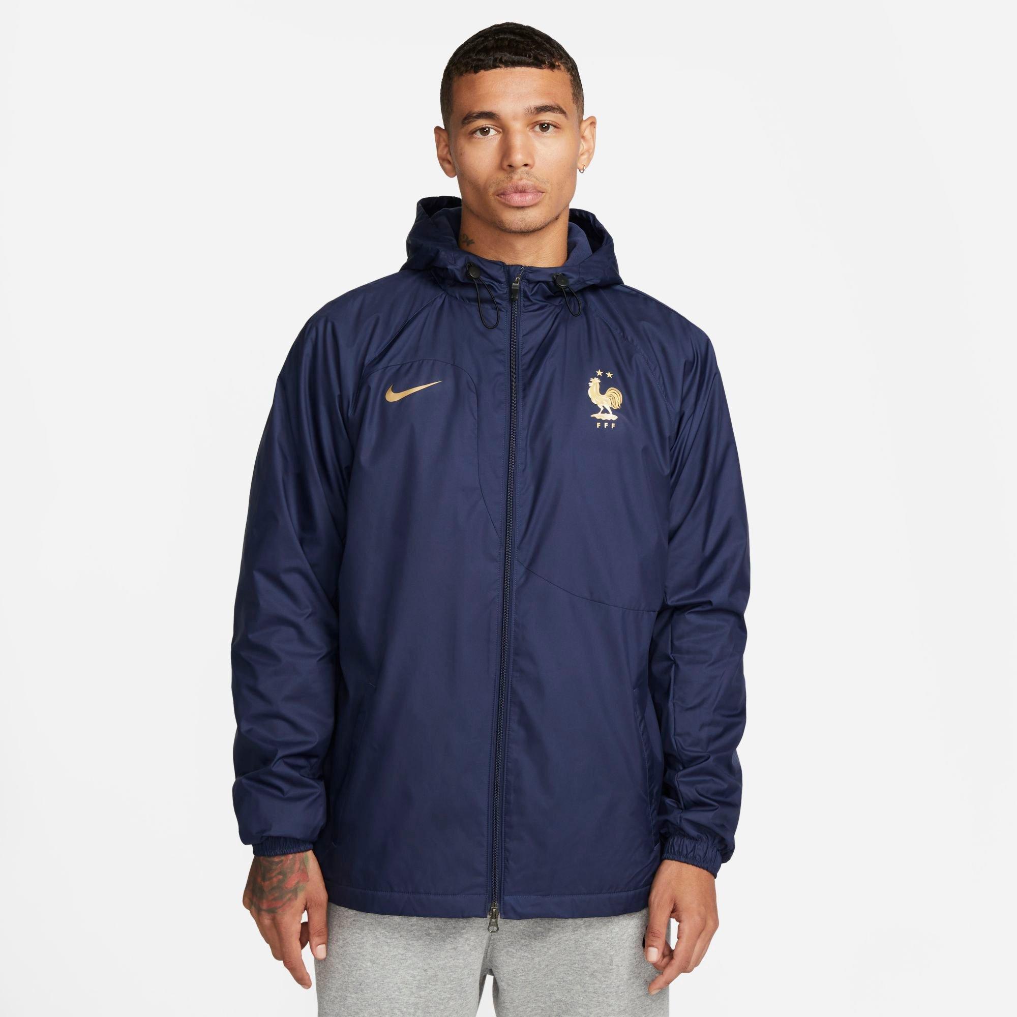 Nike Men's France Strike Dri-FIT Hooded Soccer Jacket in Midnight Navy/Midnight Navy/Metallic Gold Size: Small