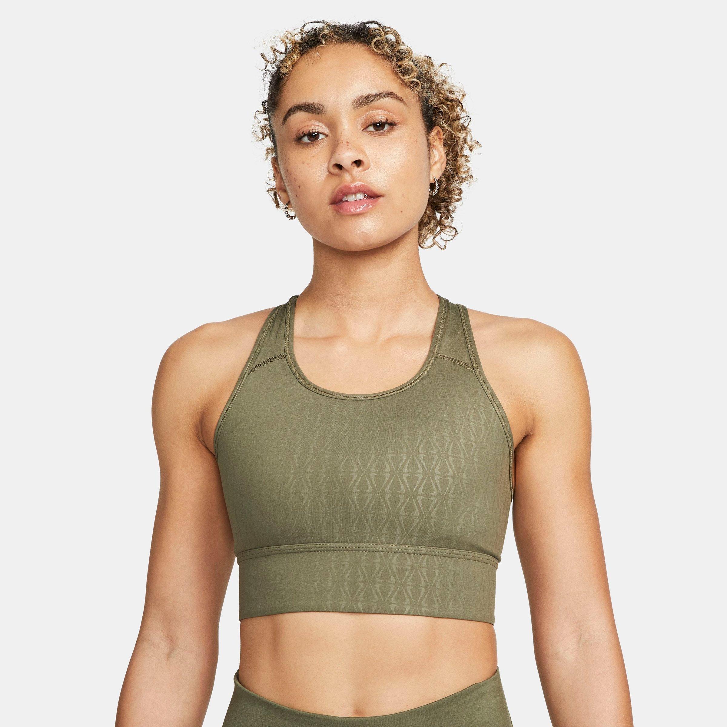 Nike Dri-fit Swoosh Women's Medium-support 1-piece Pad Longline Printed  Sports Bra In Medium Olive,medium Olive,black