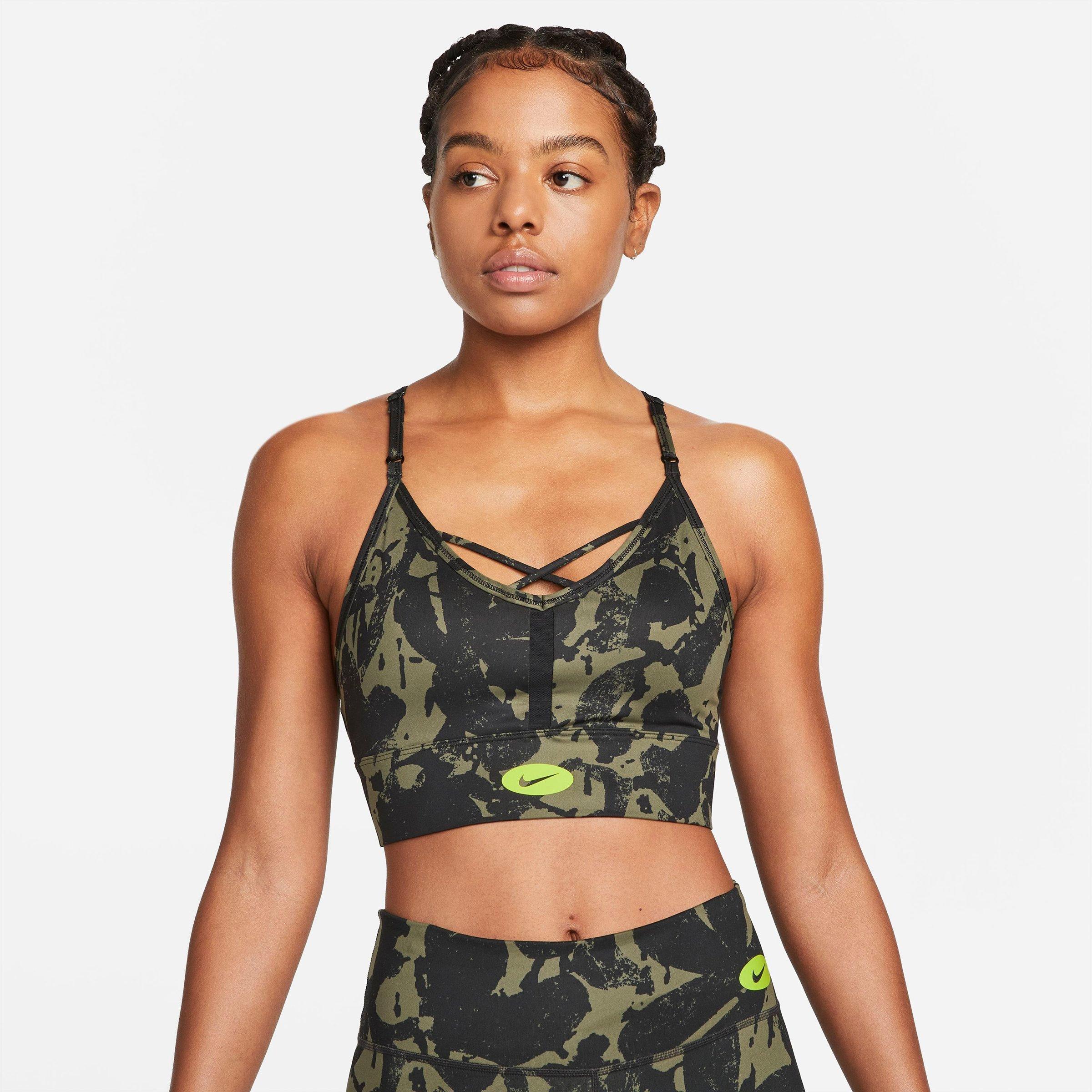 Nike Women's Dri-fit Indy Icon Clash Light-support Padded Printed Sports Bra In Medium Olive/black/atomic Green