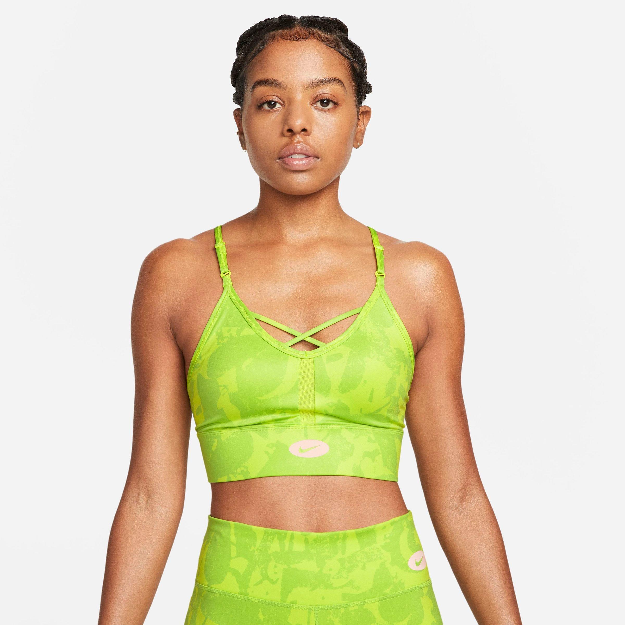 Nike Women's Dri-fit Indy Icon Clash Light-support Padded Printed Sports Bra In Atomic Green/atomic Green/atmosphere