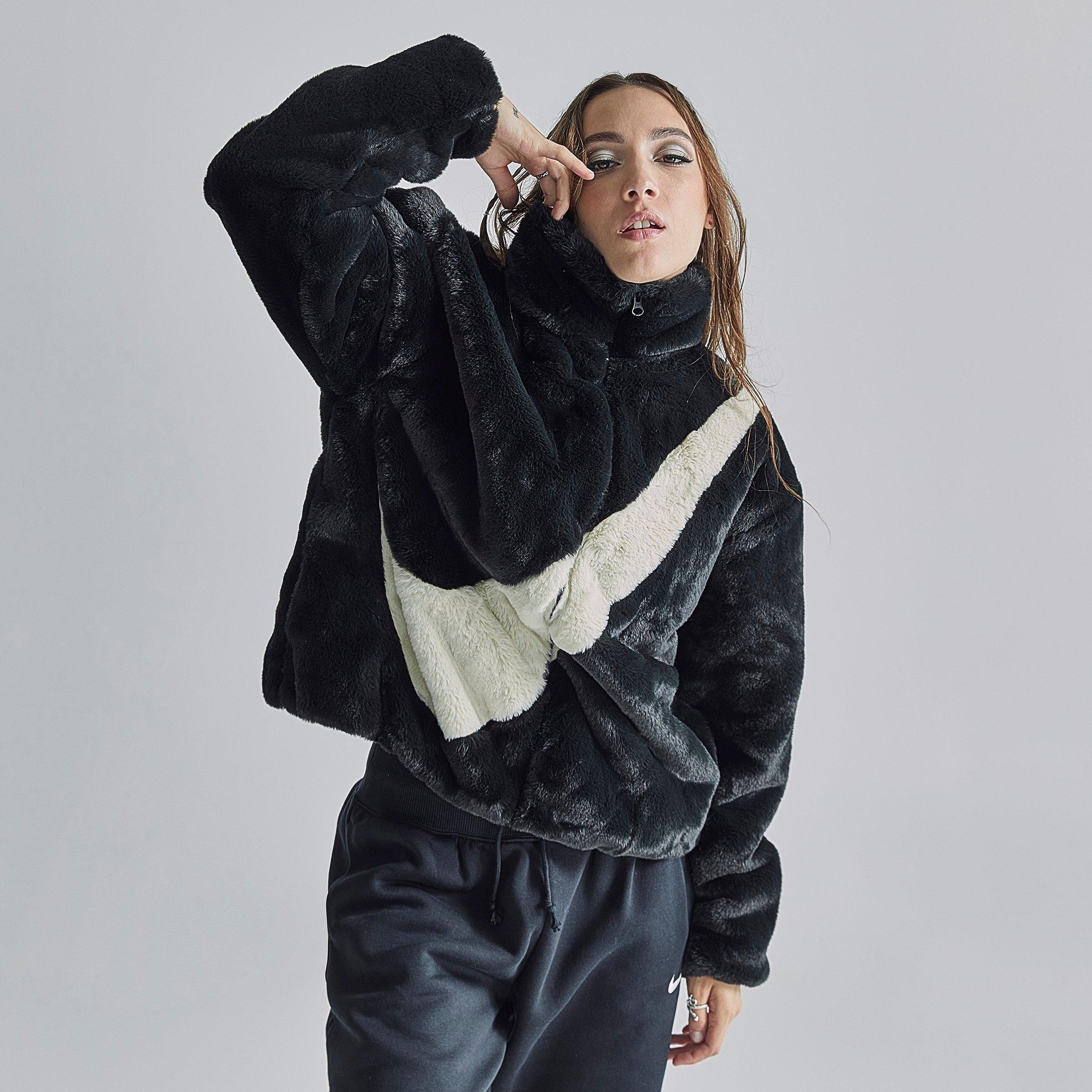 Nike Sportswear Faux Fur Swoosh Jacket In Black/fossil 