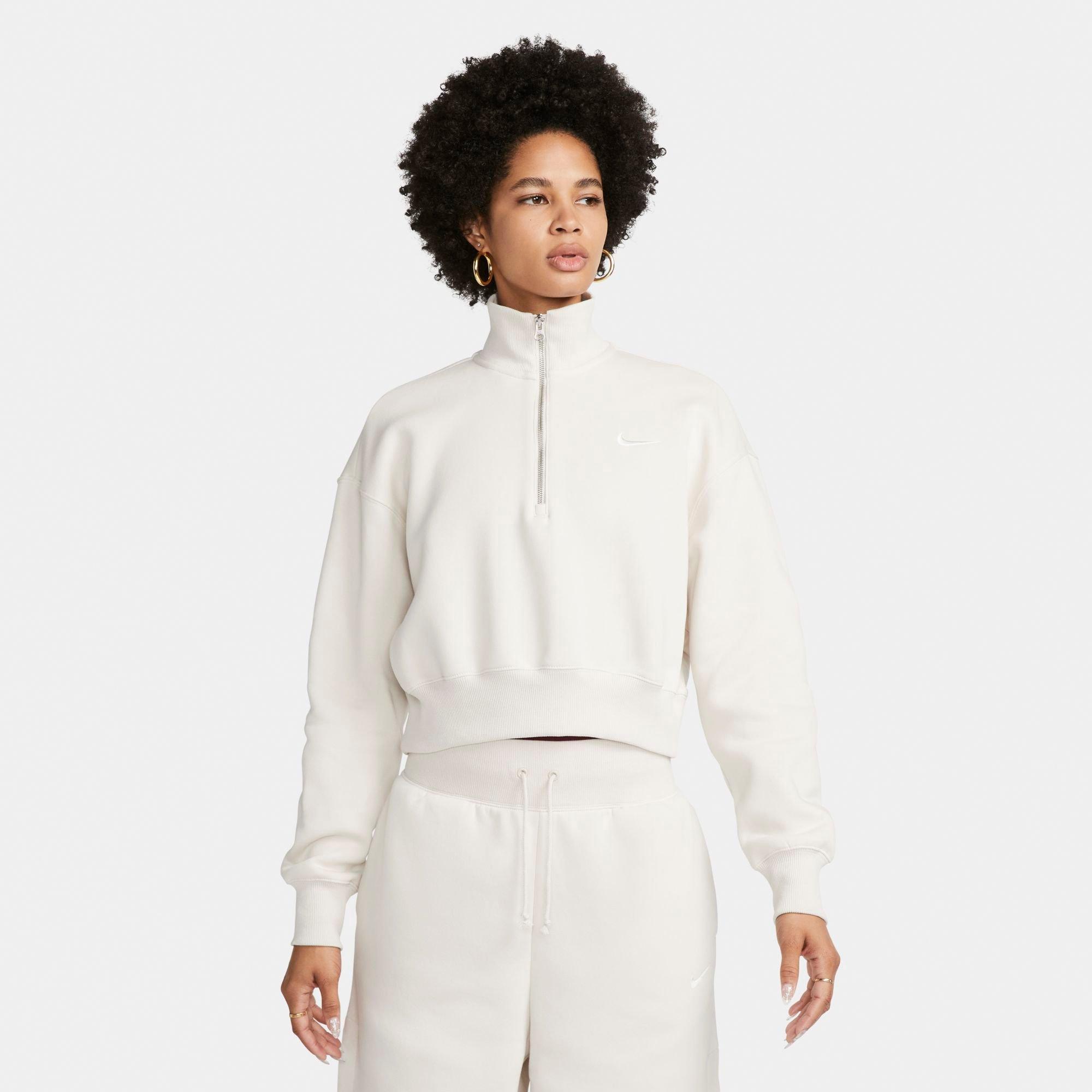 Nike Women's Sportswear Phoenix Fleece Oversized Half-Zip Crop Sweatshirt in Beige/Light Orewood Brown Size XS Cotton/Polyester/Fleece