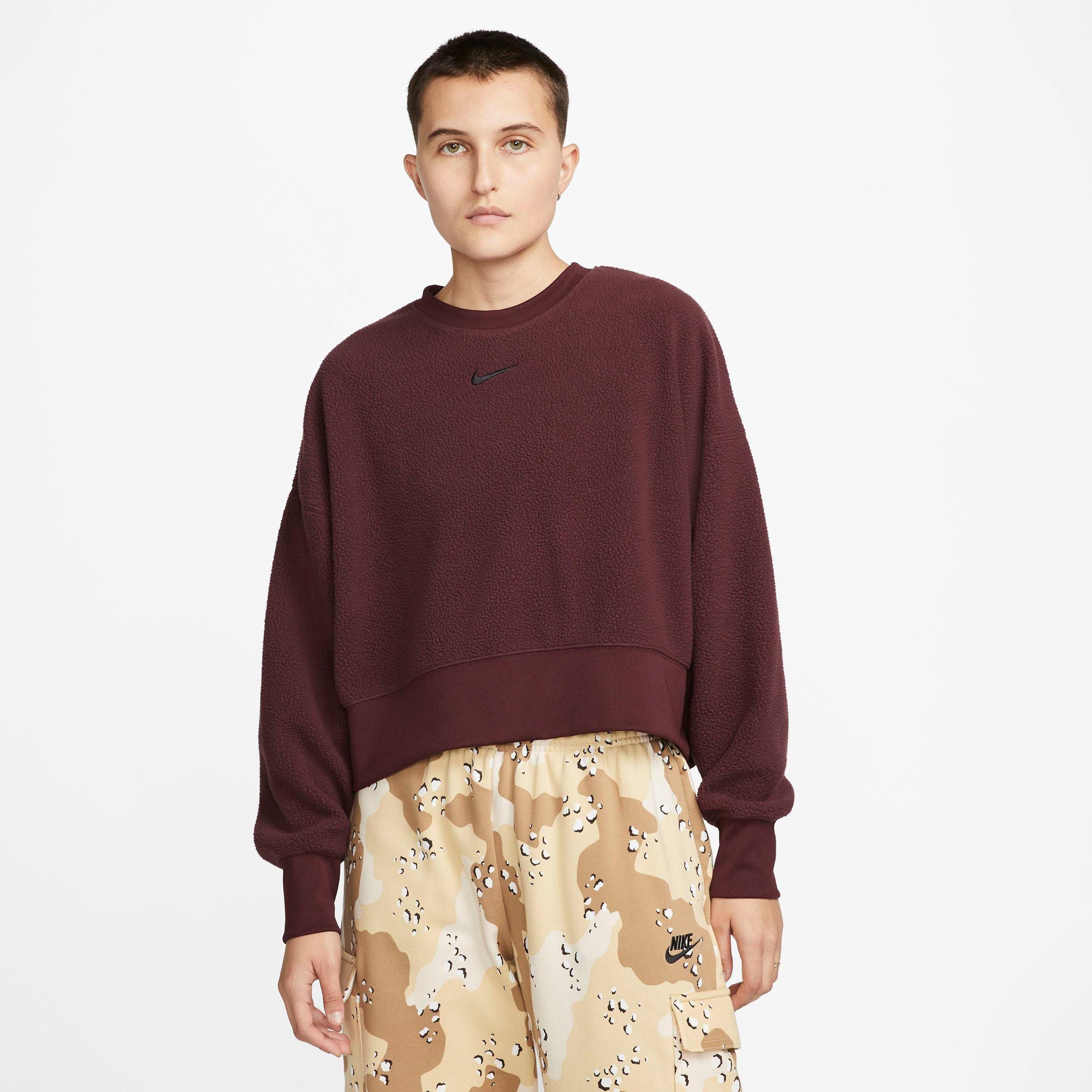 Nike Oversize Fleece Crop Crewneck Sweatshirt In Burgundy Crush/black