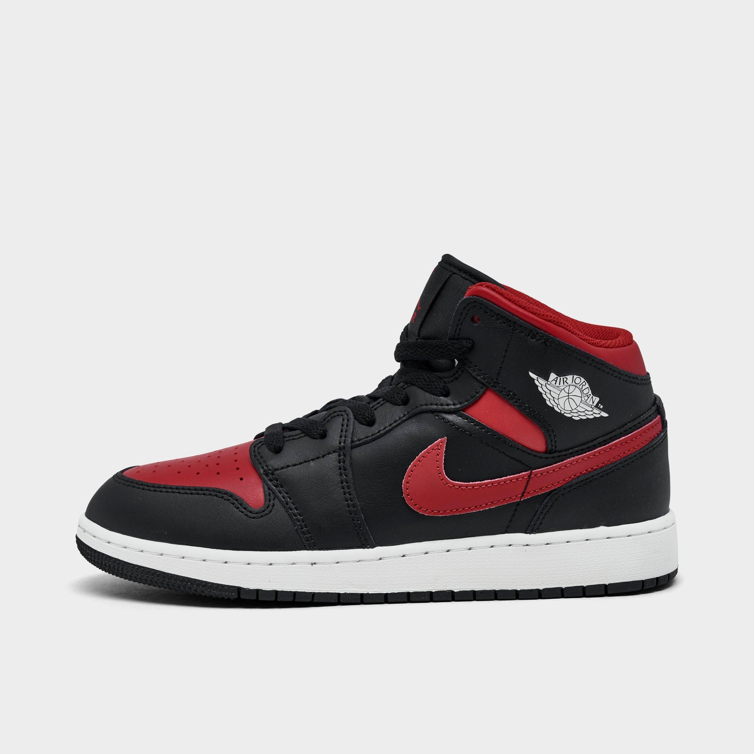 Jordan Big Kids' Air Retro 1 Mid Casual Shoes in Red/Black/Black Size 3.5 Leather