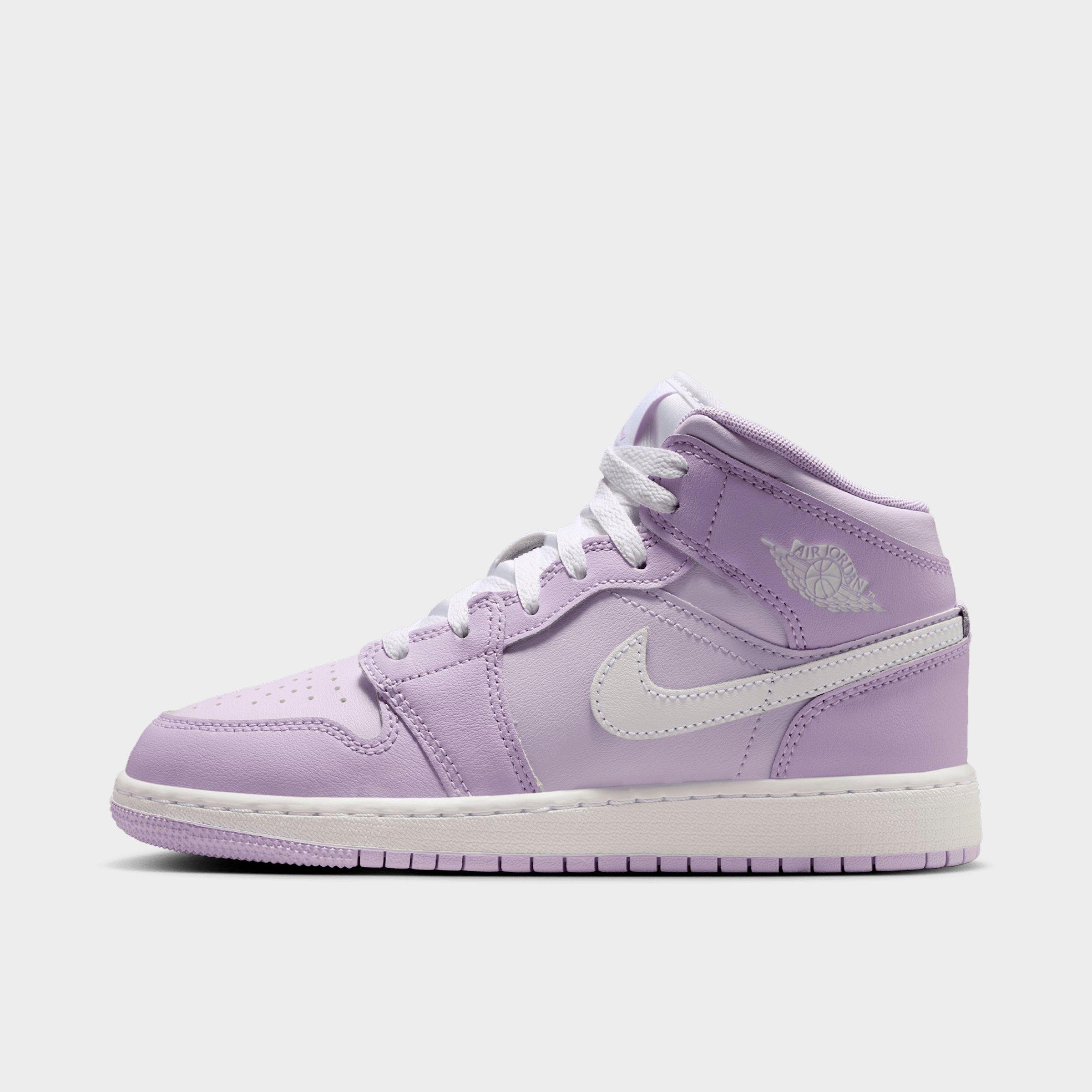 Jordan Big Kids Air Retro 1 Mid Casual Shoes in Violet Mist/White/Barely Grape Size: 3.5