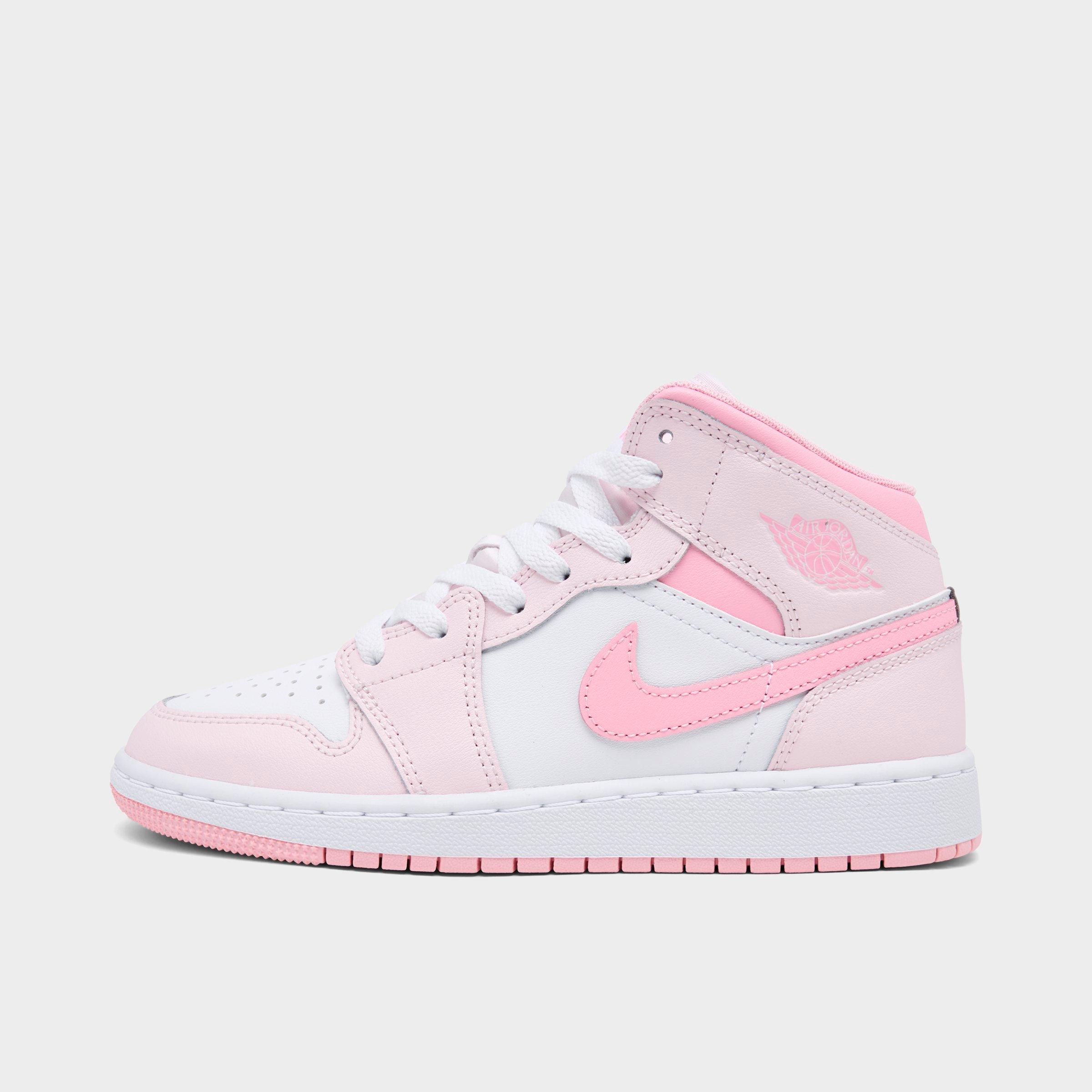 Jordan Big Kids Air Retro 1 Mid Casual Shoes in Pearl Pink/White/Medium Soft Pink Size: 3.5