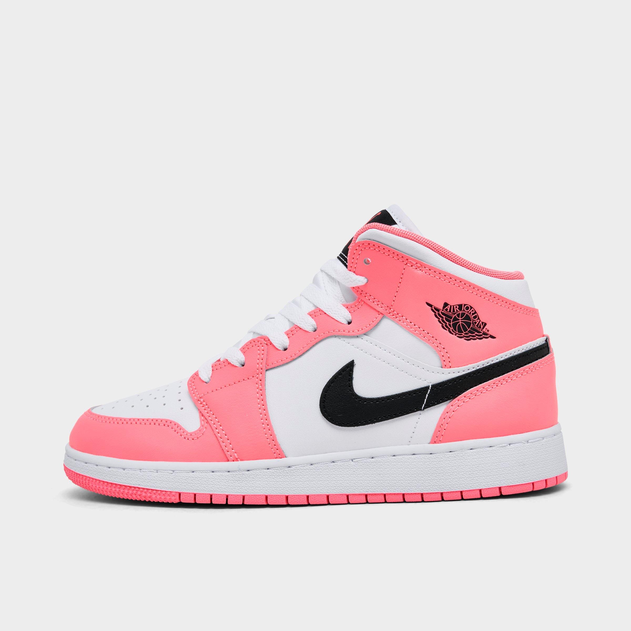 Jordan Big Kids Air Retro 1 Mid Casual Shoes in Pink Gaze/Black/White Size: 3.5