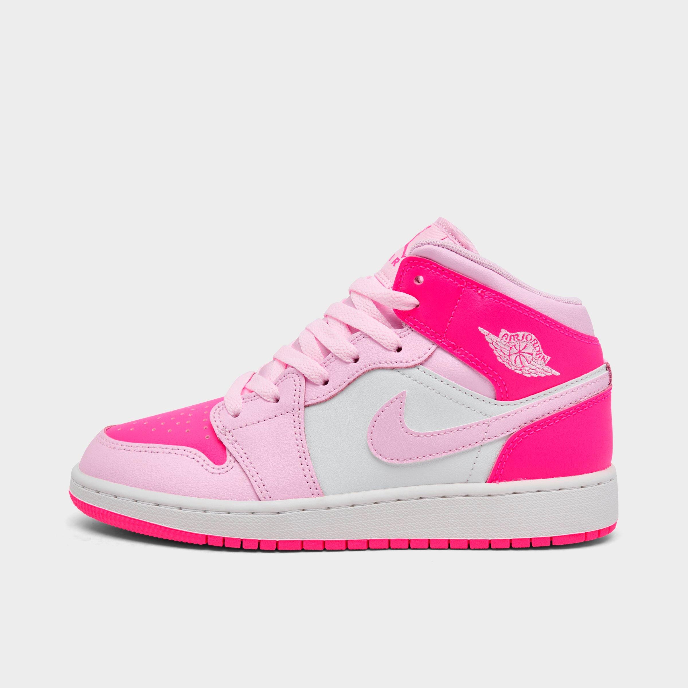 Jordan Big Kids Air Retro 1 Mid Casual Shoes in Pink Foam/White/Hyper Pink Size: 3.5