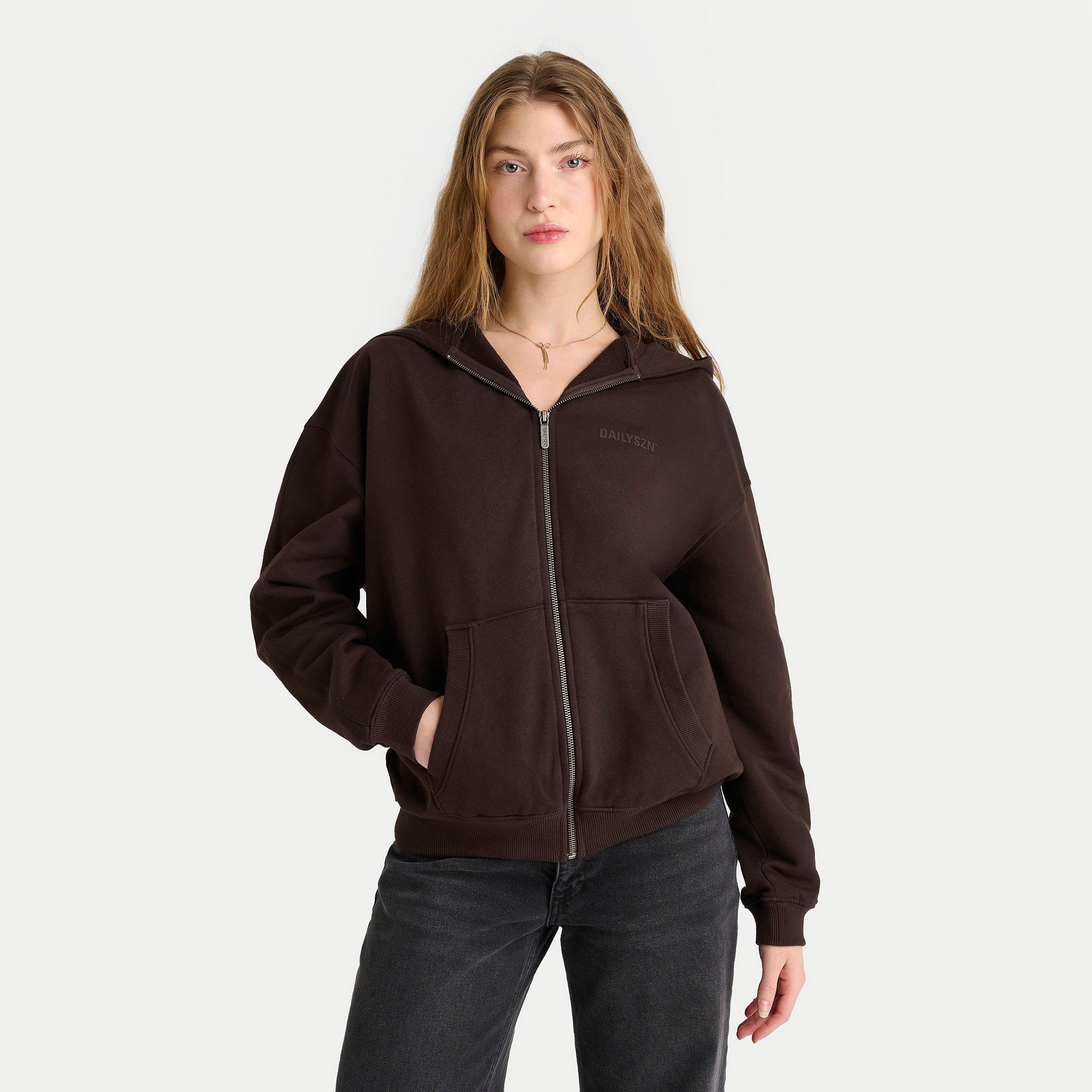 Daily Szn Women's DAILYSZN Full-Zip Hoodie in Brown/Black Coffee Size Medium 100% Cotton