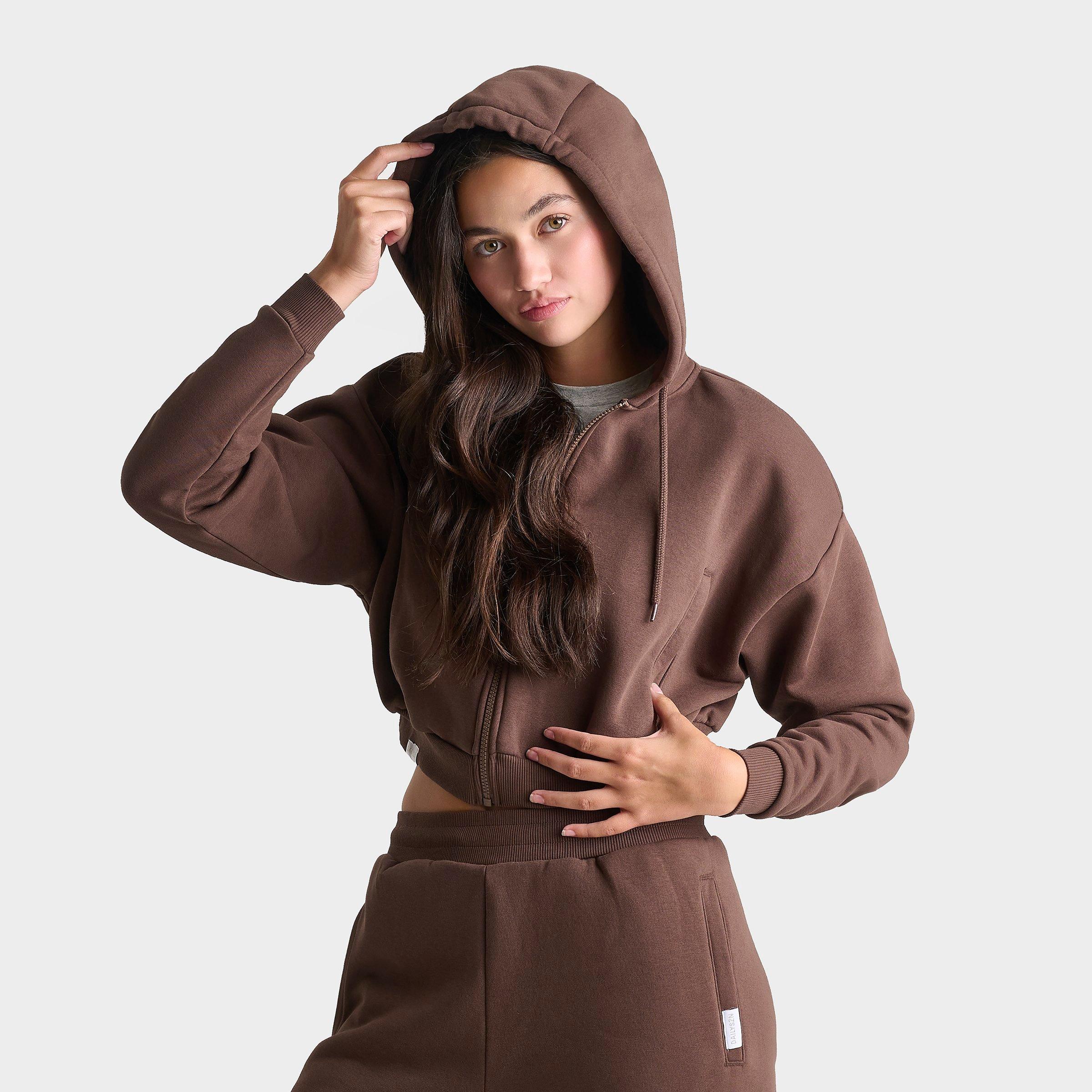 Women's DAILYSZN Fleece Cropped Full-Zip Hoodie in Chestnut Size: Medium