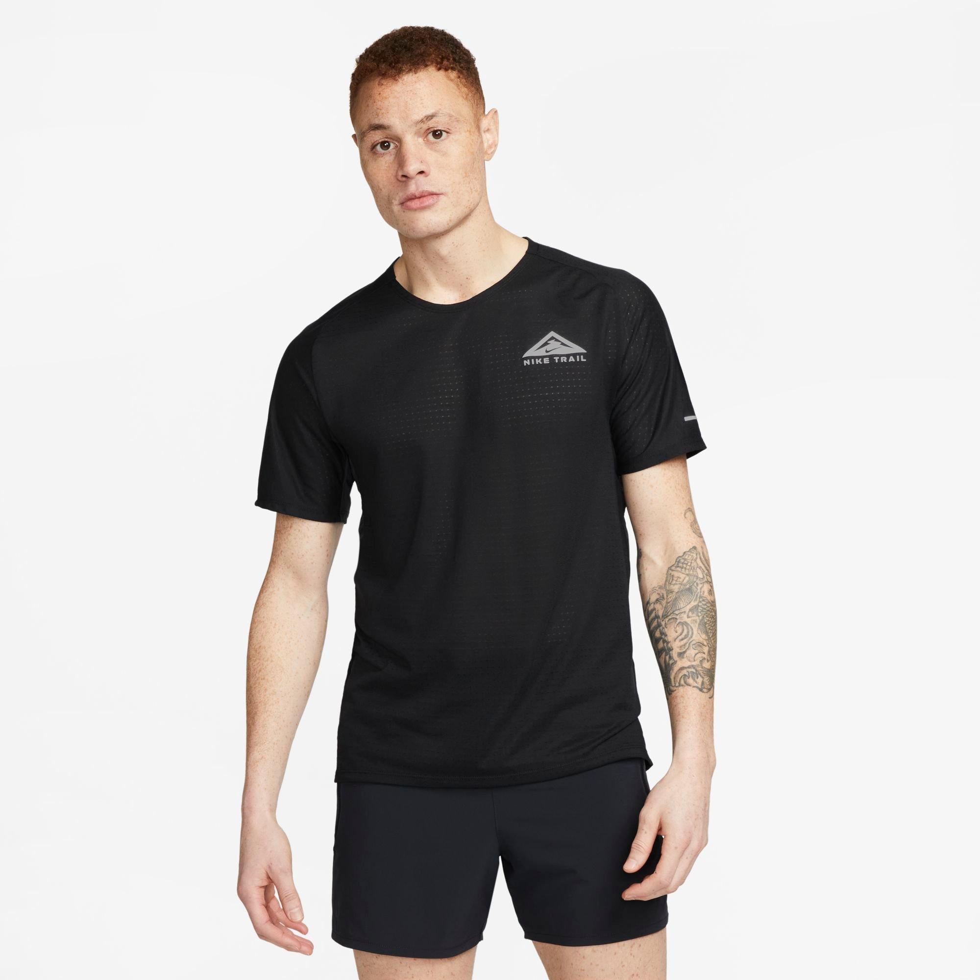 Shop Nike Men's Trail Solar Chase Dri-fit Short-sleeve Running Top In Black/white