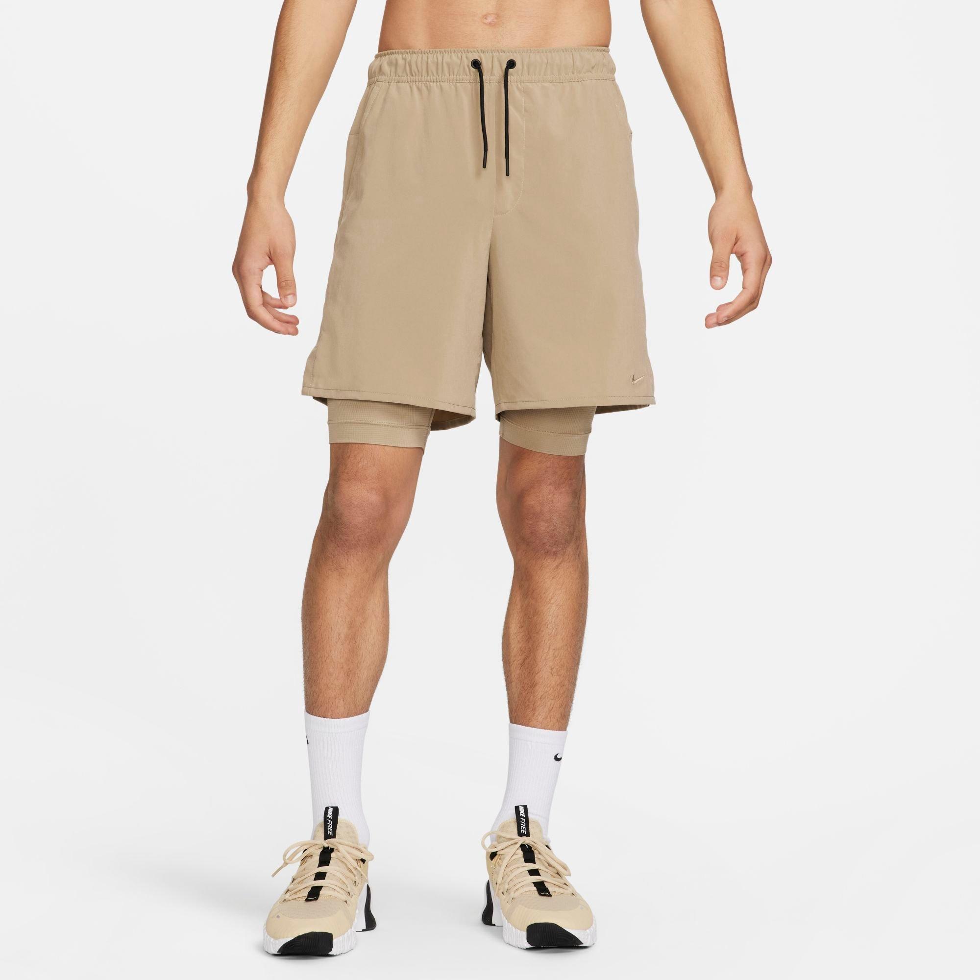 Nike Men's Unlimited Dri-FIT 2-in-1 7" Versatile Shorts in Khaki/Khaki/Black Size: XS