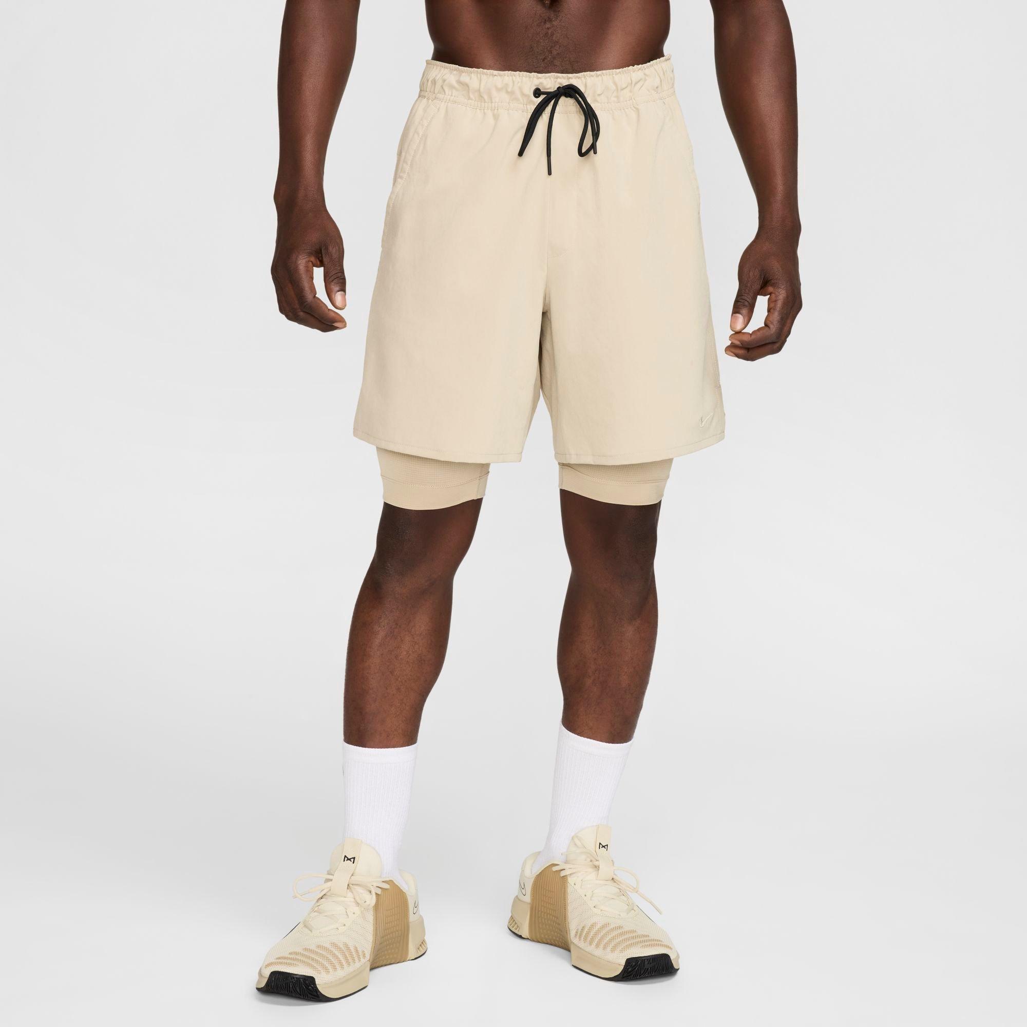 Nike Men's Unlimited Dri-FIT 2-in-1 7" Versatile Shorts in Desert Khaki/Desert Khaki/Black Size: XS