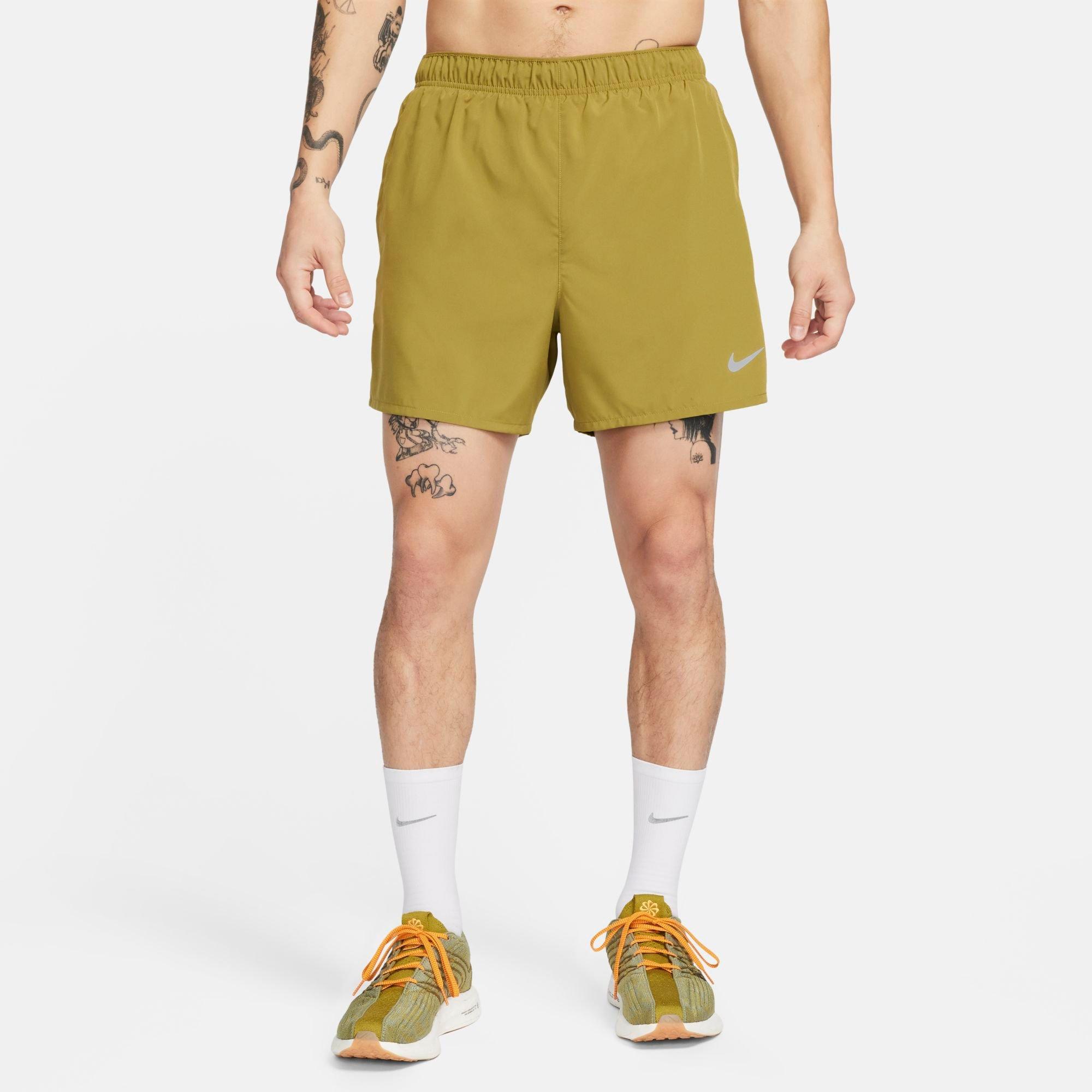 Nike Men's Dri-FIT Challenger 5" Brief-Lined Training Shorts in Yellow/Pacific Moss Size 2XL 100% Polyester