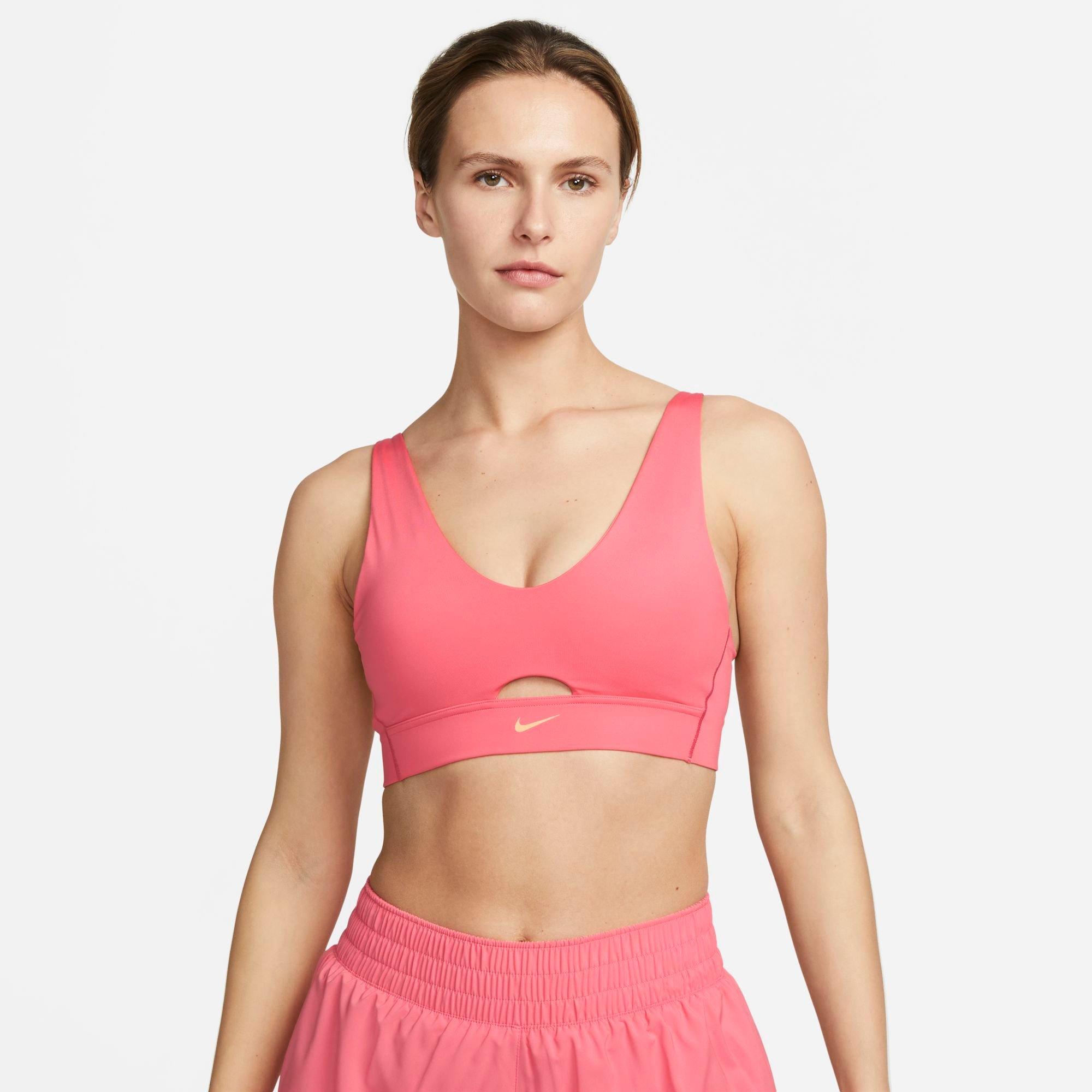 Nike Women's Dri-fit Indy Plunge Cutout Bra In Sea Coral/celestial Gold