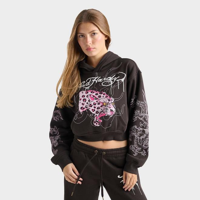 Women's Ed Hardy Leopard Rhinestone Cropped Pullover Hoodie 