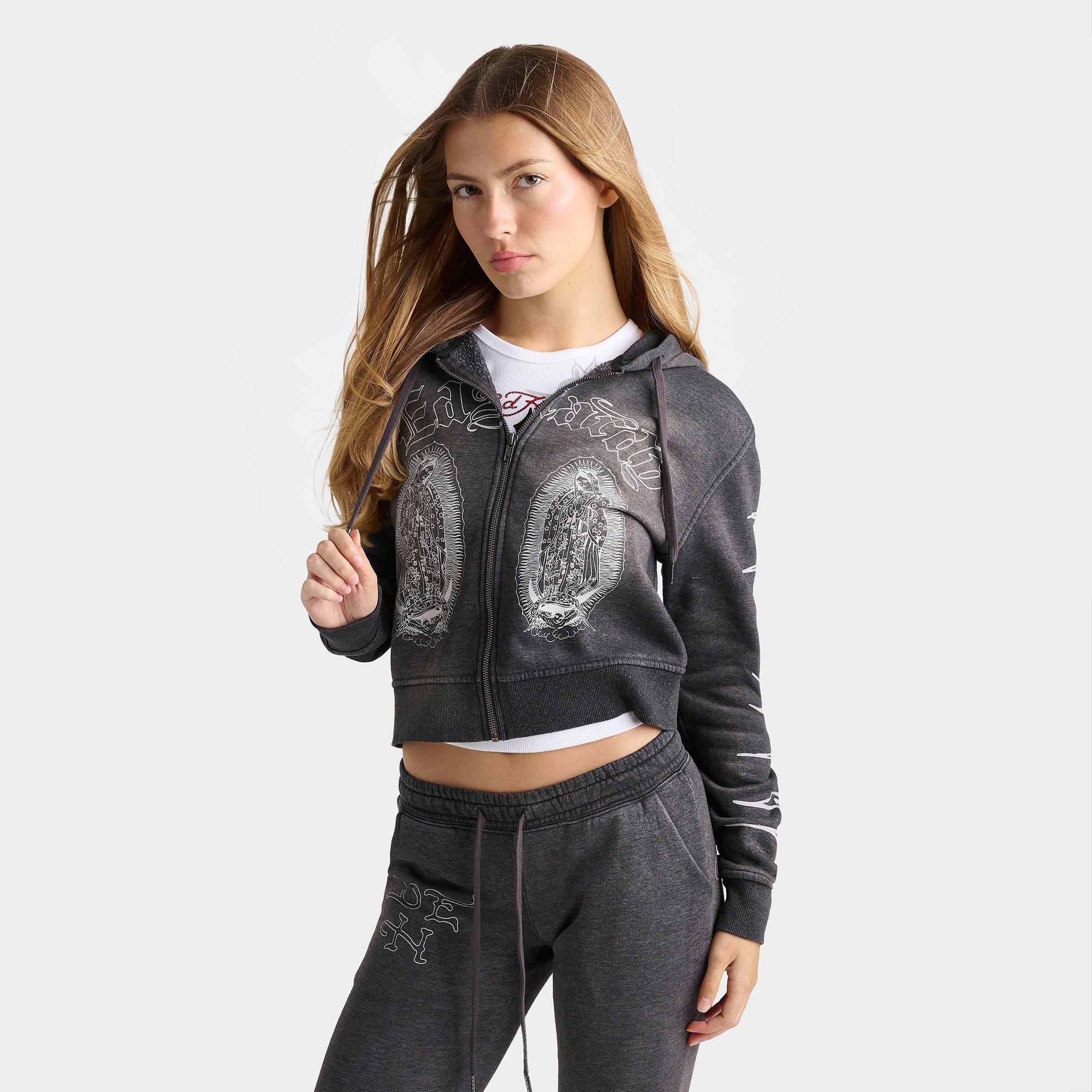 Ed Hardy Women's Mary Fleece Full-Zip Hoodie in Mineral Grey Size: Medium