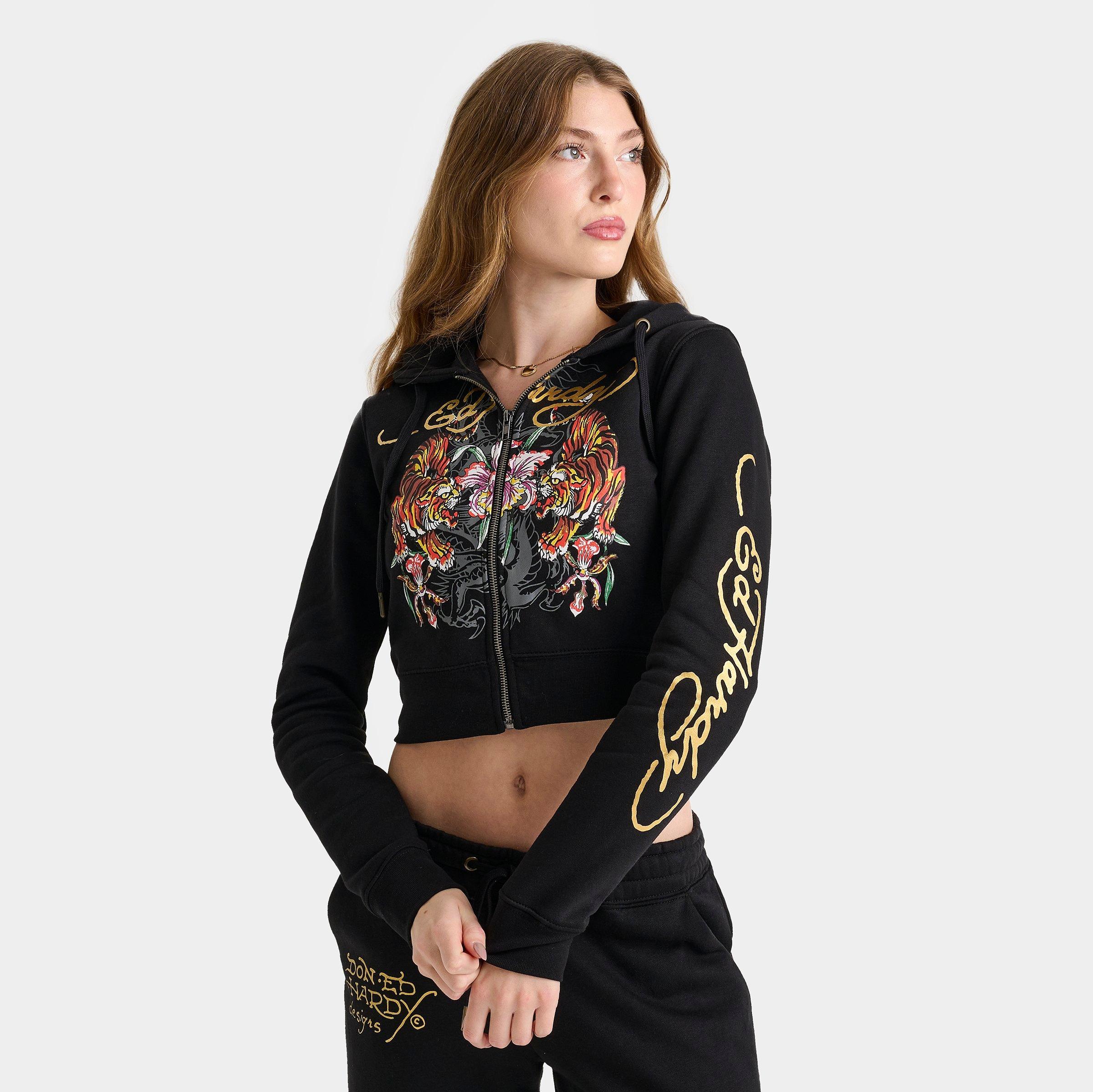 Ed Hardy Women's Tiger Fleece Full-Zip Hoodie in Black/Black Size Large