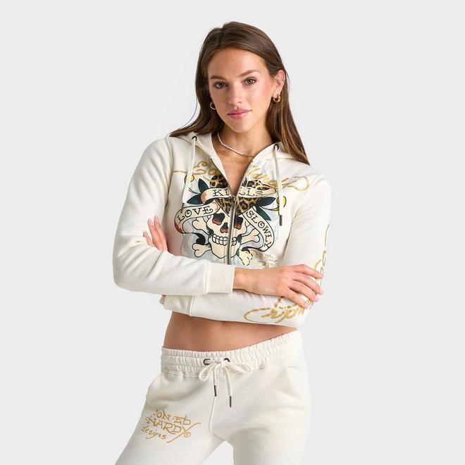 Women's Ed Hardy "Love Kills Slowly" Cropped Full-Zip Fleece Hoodie